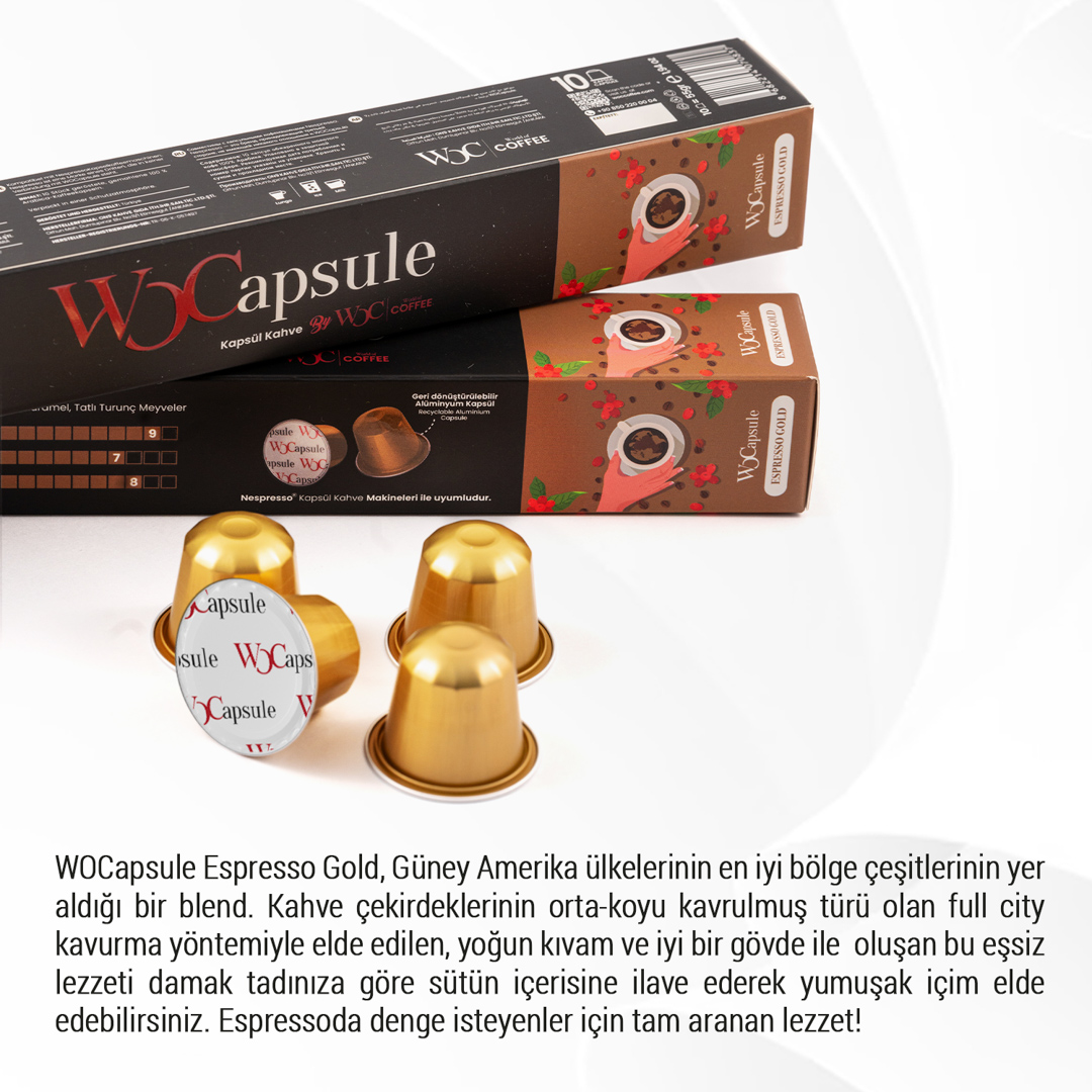 Altın kapsüllü kahve kapsül ambalajı. Metin, kahve karışımını ve kökenini açıklamaktadır.