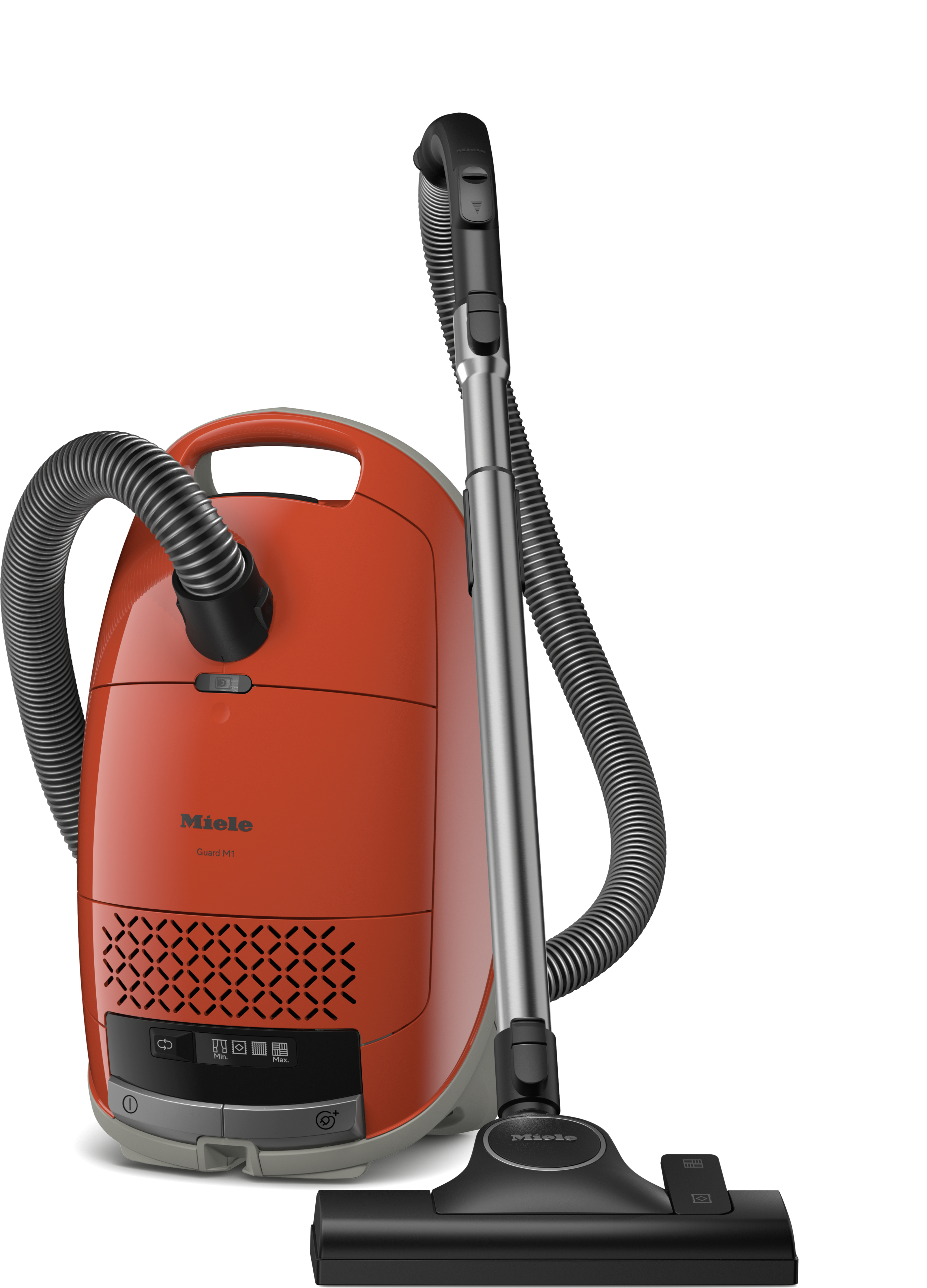 Oranger Miele Staubsauger. Er hat einen langen Schlauch und einen schwarzen Reinigungskopf.