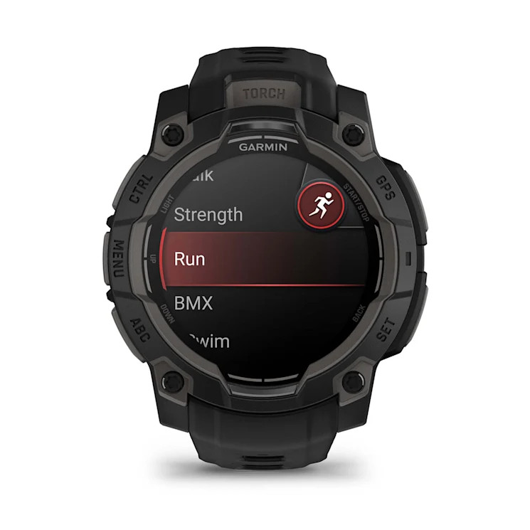 Smartwatch Garmin wyświetla ekran wyboru aktywności sportowej, z podświetlonym Bieganiem.