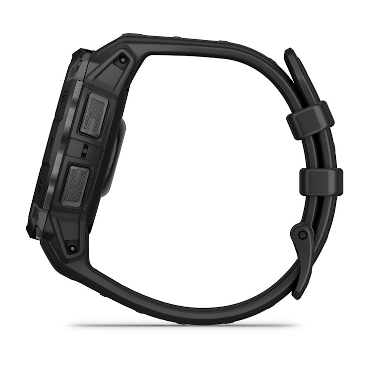 Czarny smartwatch Garmin, widok z boku z widocznymi paskami.