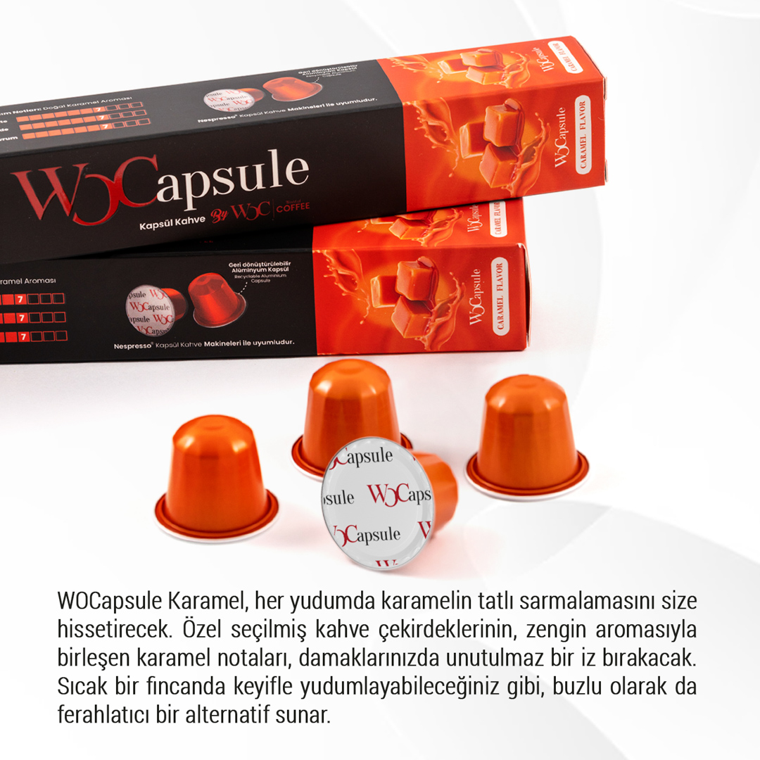 WOcapsule kahve kapsülleri kutuda. Karamel aromalı. Turuncu kapsüller. Kutunun üzerindeki metin.