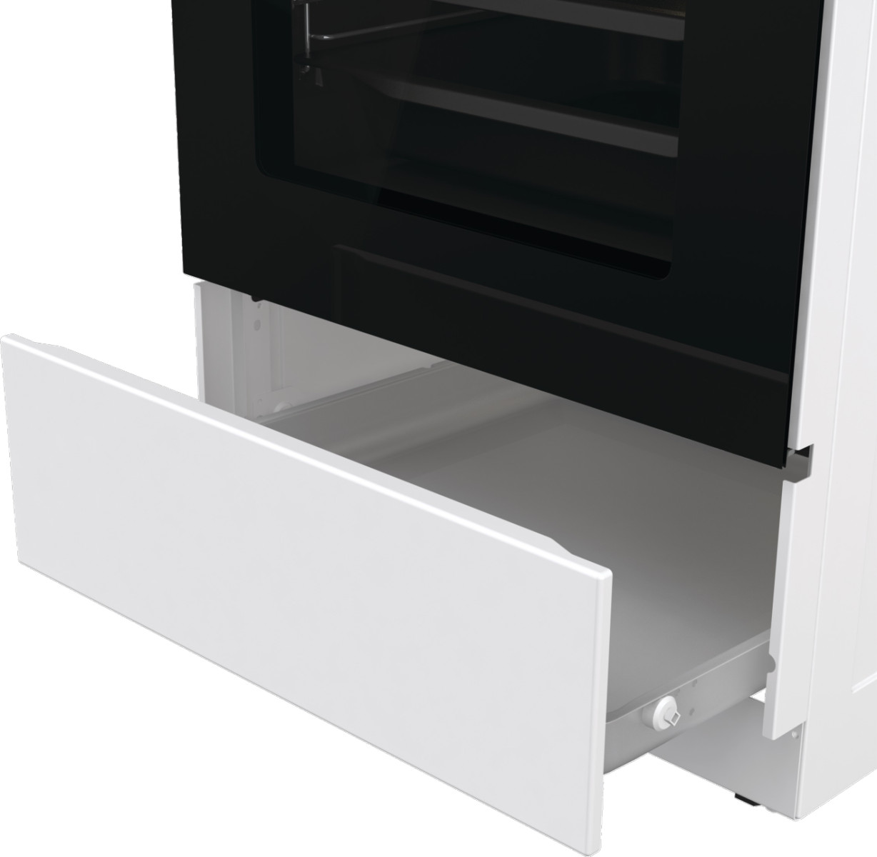 Biały piekarnik z otwartą szufladą, pokazujący wnętrze.