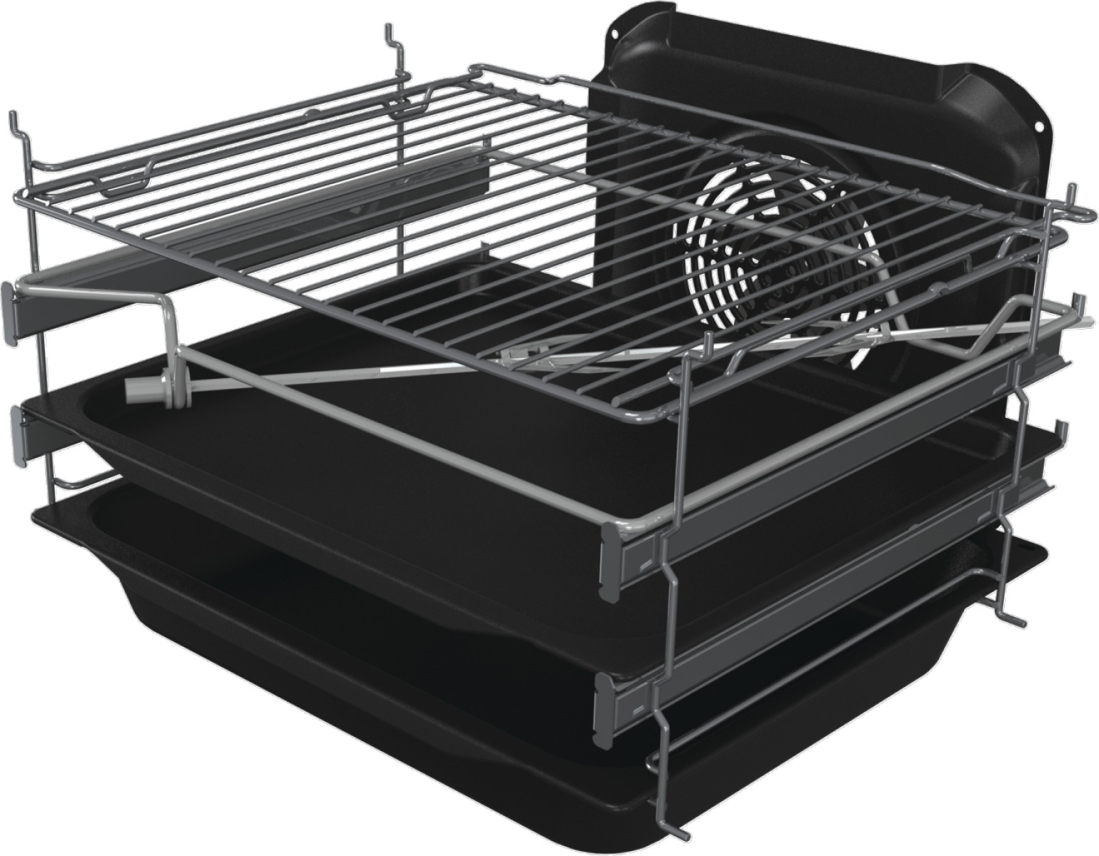 Wnętrze piekarnika z rusztami, wentylatorem i blachami do pieczenia, przeznaczone do gotowania.