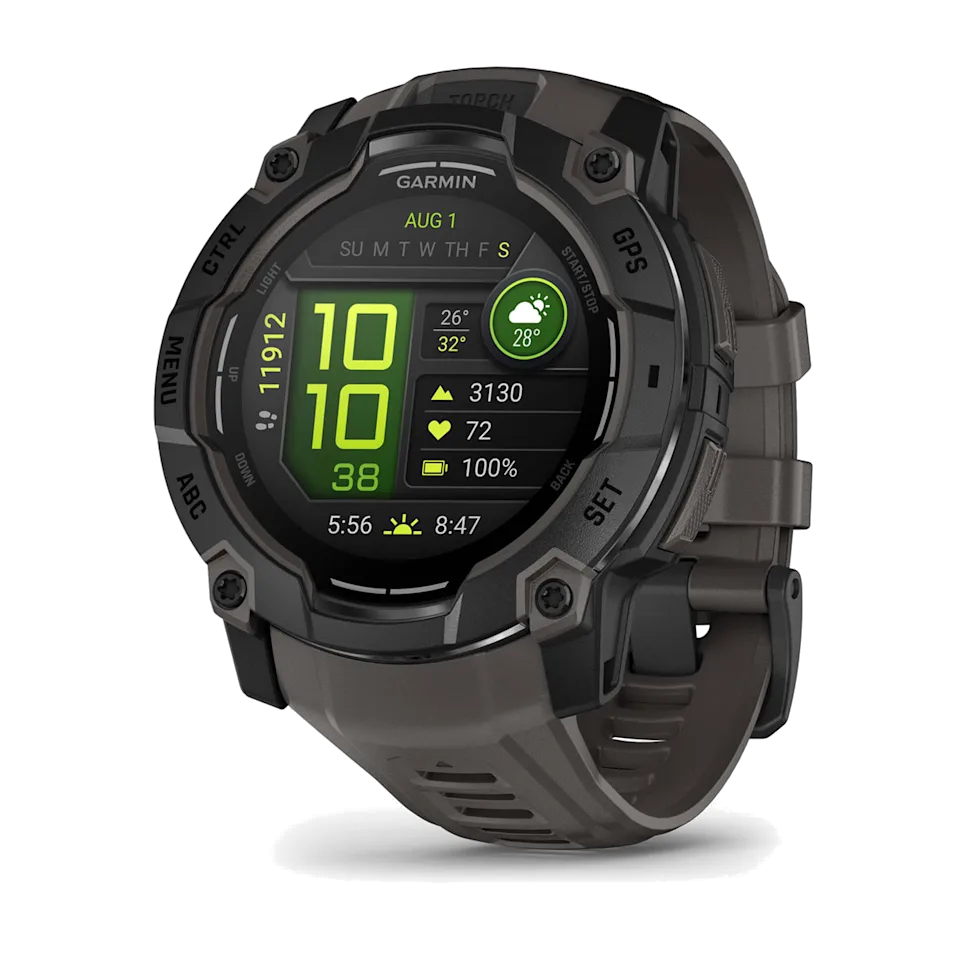 Zegarek Garmin Instinct. Czarny i szary, okrągła tarcza. Wyświetla czas, tętno i inne wskaźniki.