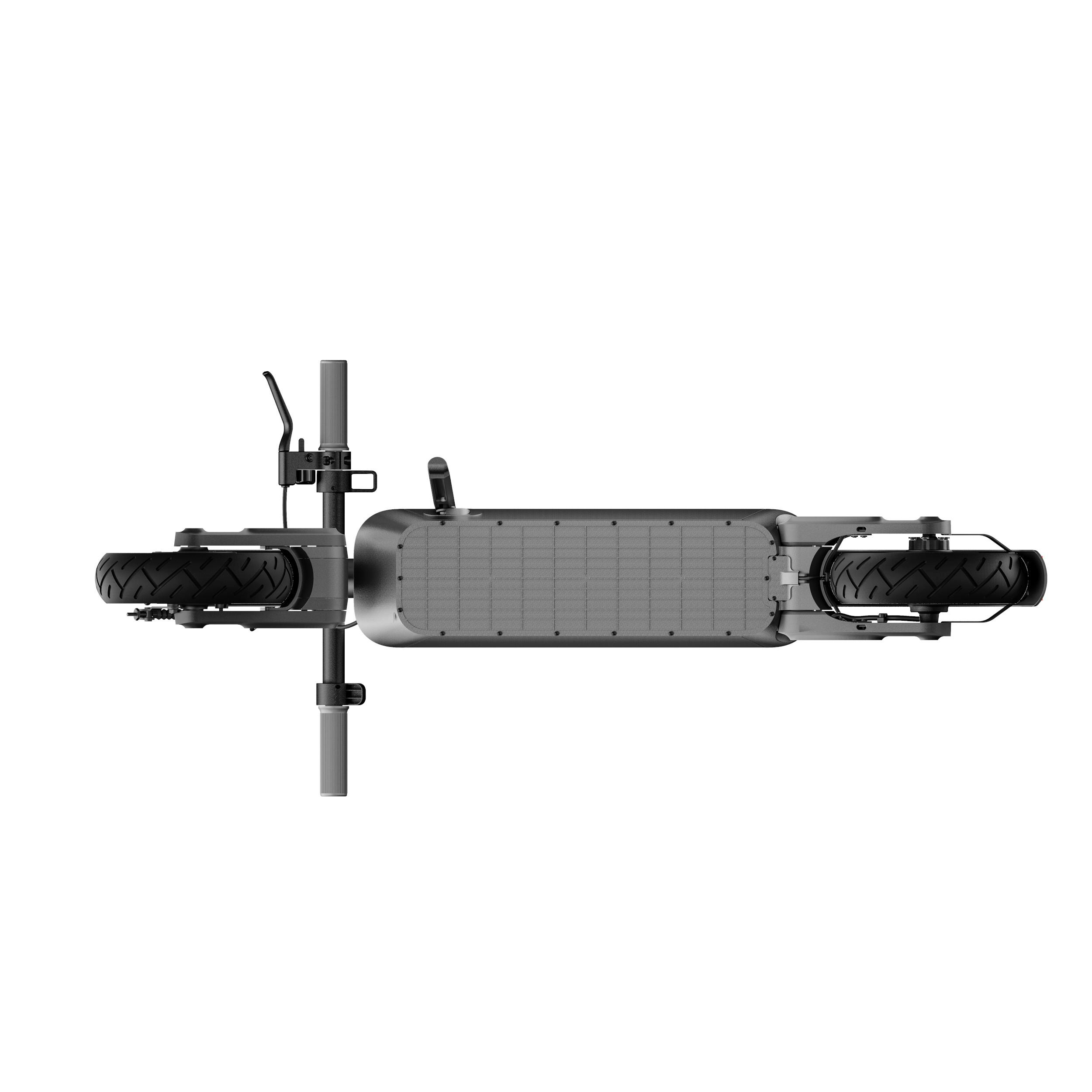 Draufsicht auf einen grauen Elektroroller. Lenker und Räder sind sichtbar.