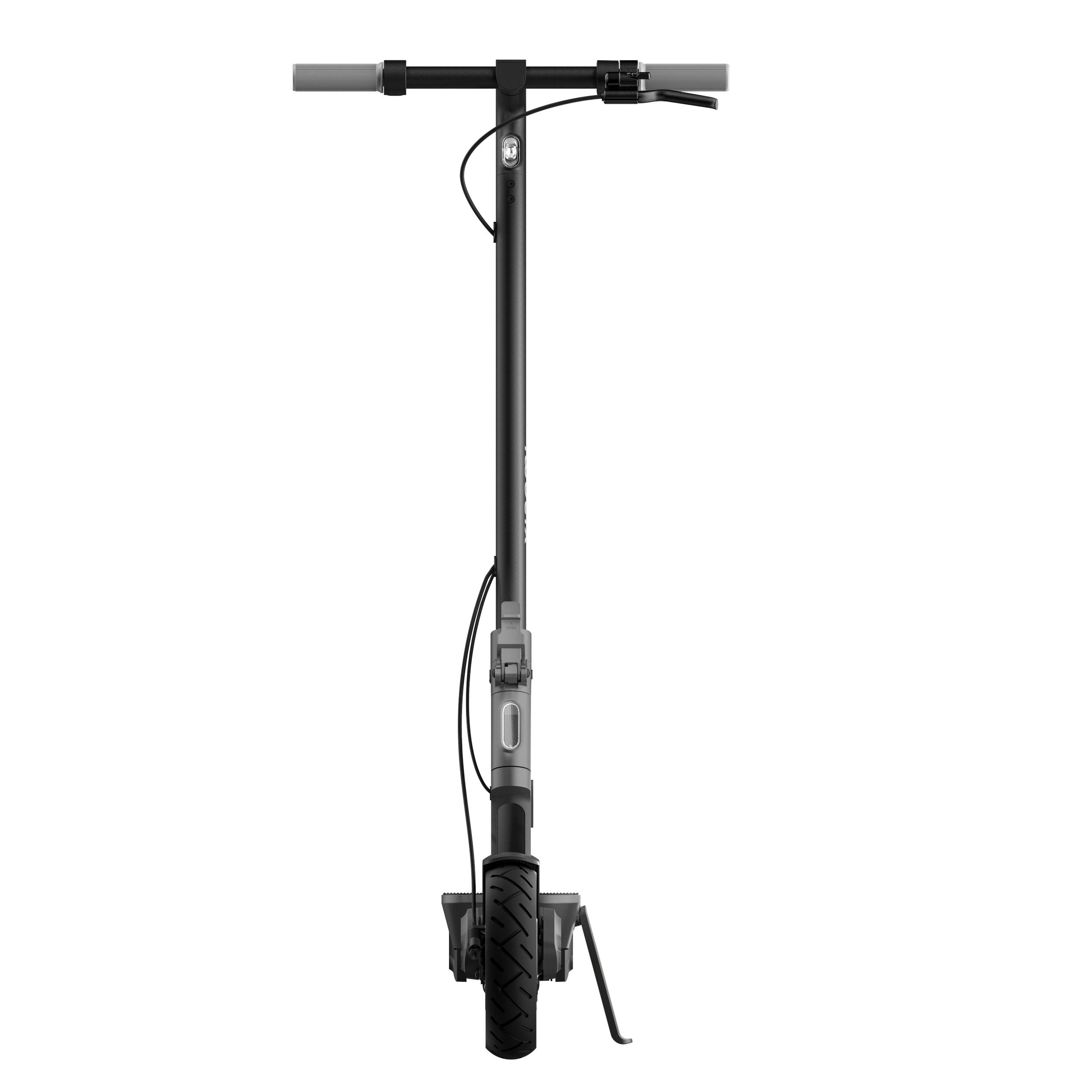 Elektroroller in Schwarz und Grau, Vorderansicht, weißer Hintergrund.