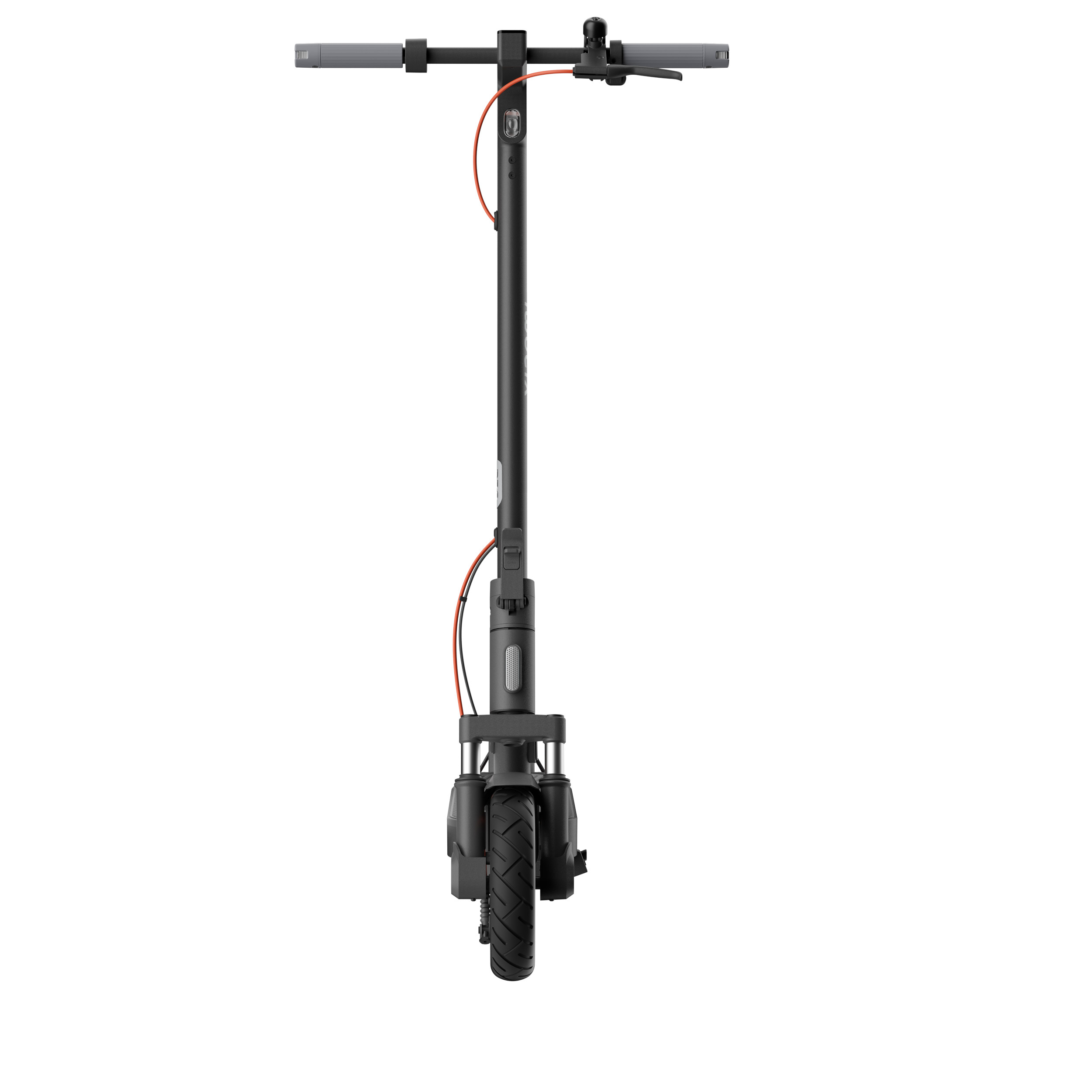 Vorderansicht eines schwarzen Elektrorollers. Der Lenker ist schwarz, das Kabel orange.