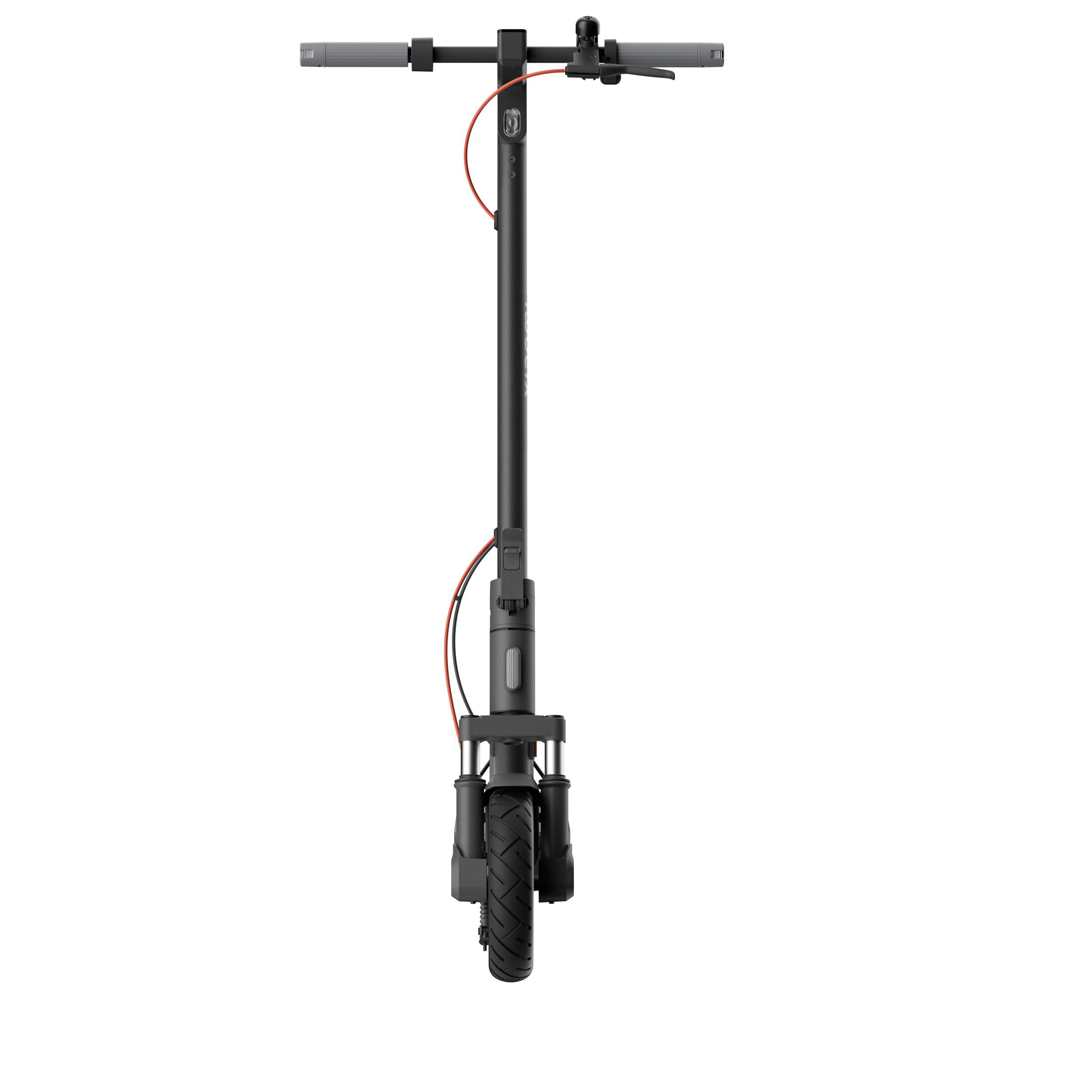Schwarzer Xiaomi-Roller, Vorderansicht, auf weißem Hintergrund.