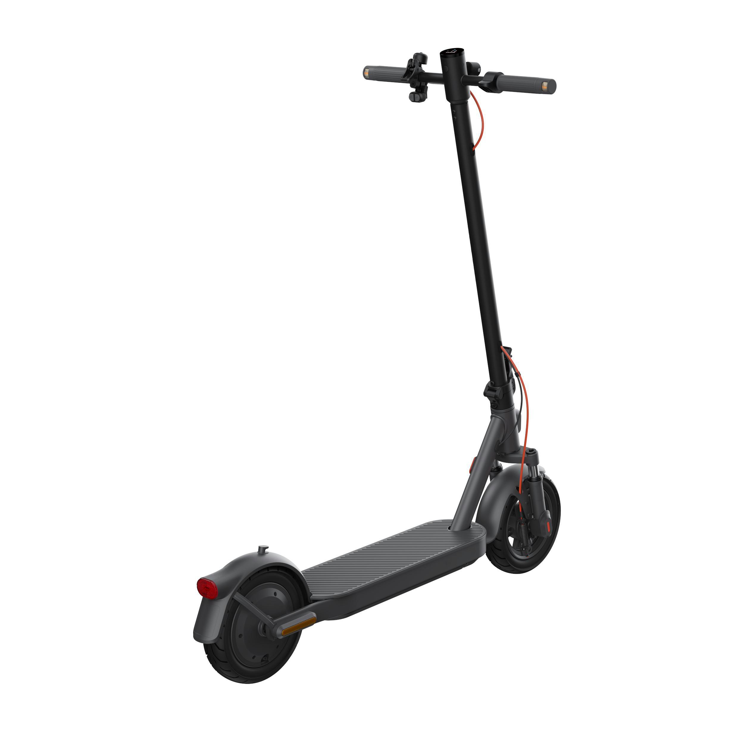 Ein schwarzer und grauer Elektroroller. Der Roller steht auf weißem Hintergrund und zeigt die Seite.