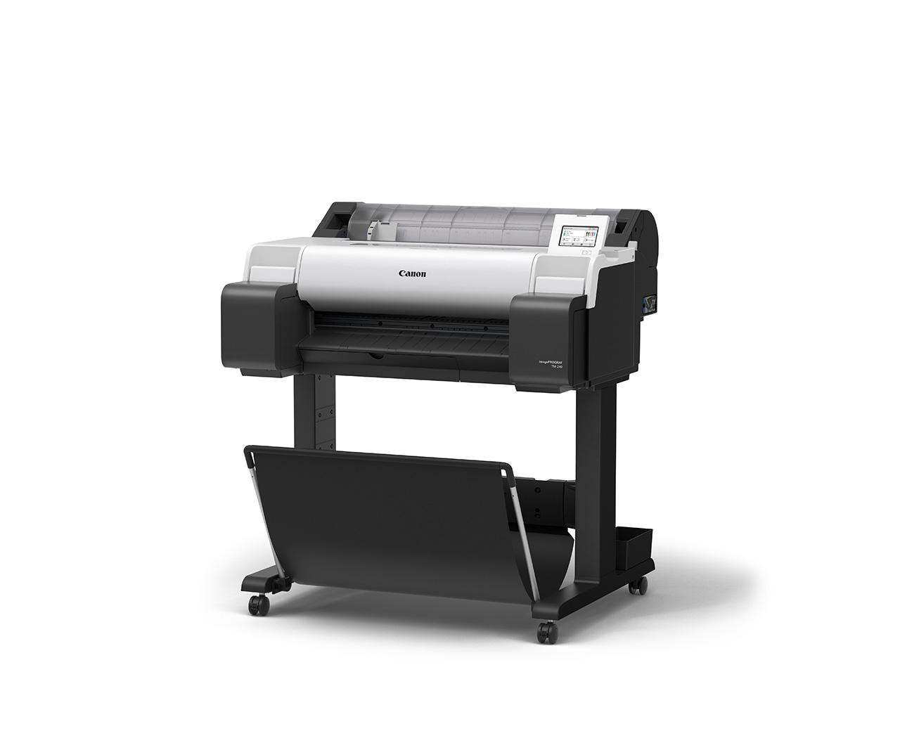 Ein weißer Canon-Drucker auf einem Ständer vor weißem Hintergrund. Der Drucker ist schwarz und weiß.