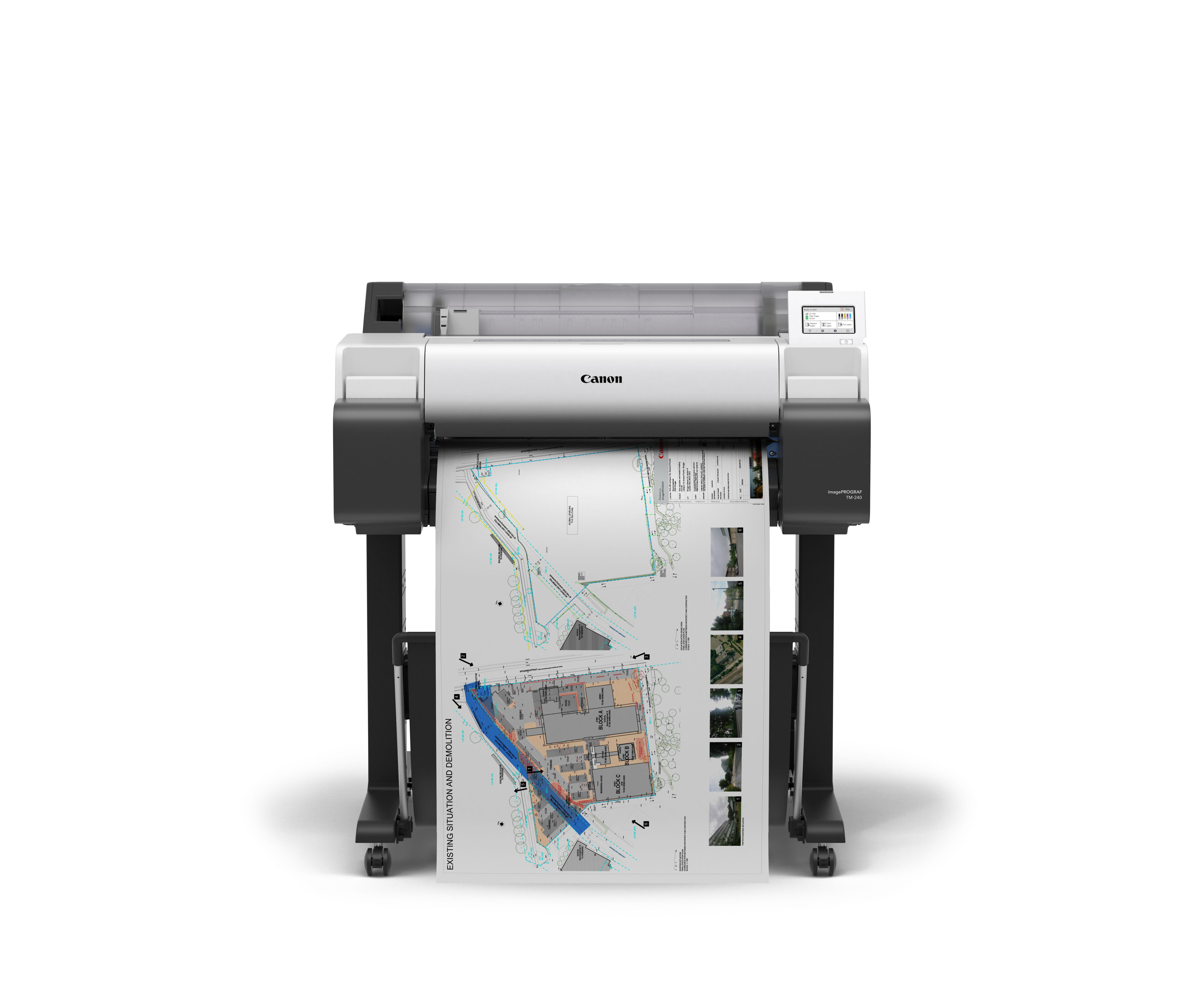 Ein Canon-Drucker, der einen Bauplan auf weißem Hintergrund druckt.