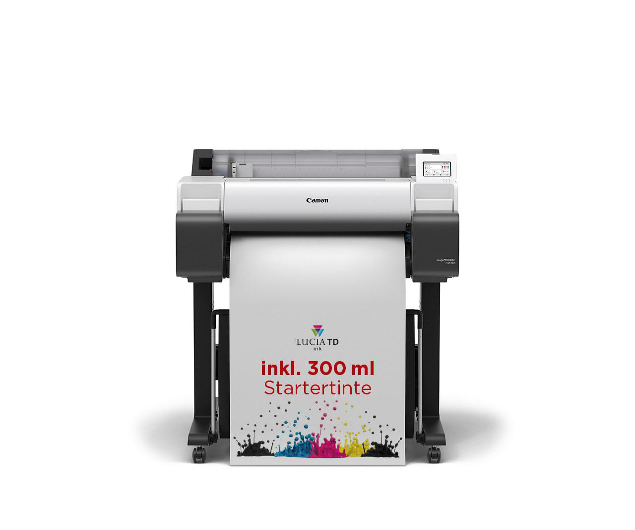 Großer Canon-Drucker mit Papier, das Tinte und Text zeigt, auf weißem Hintergrund.