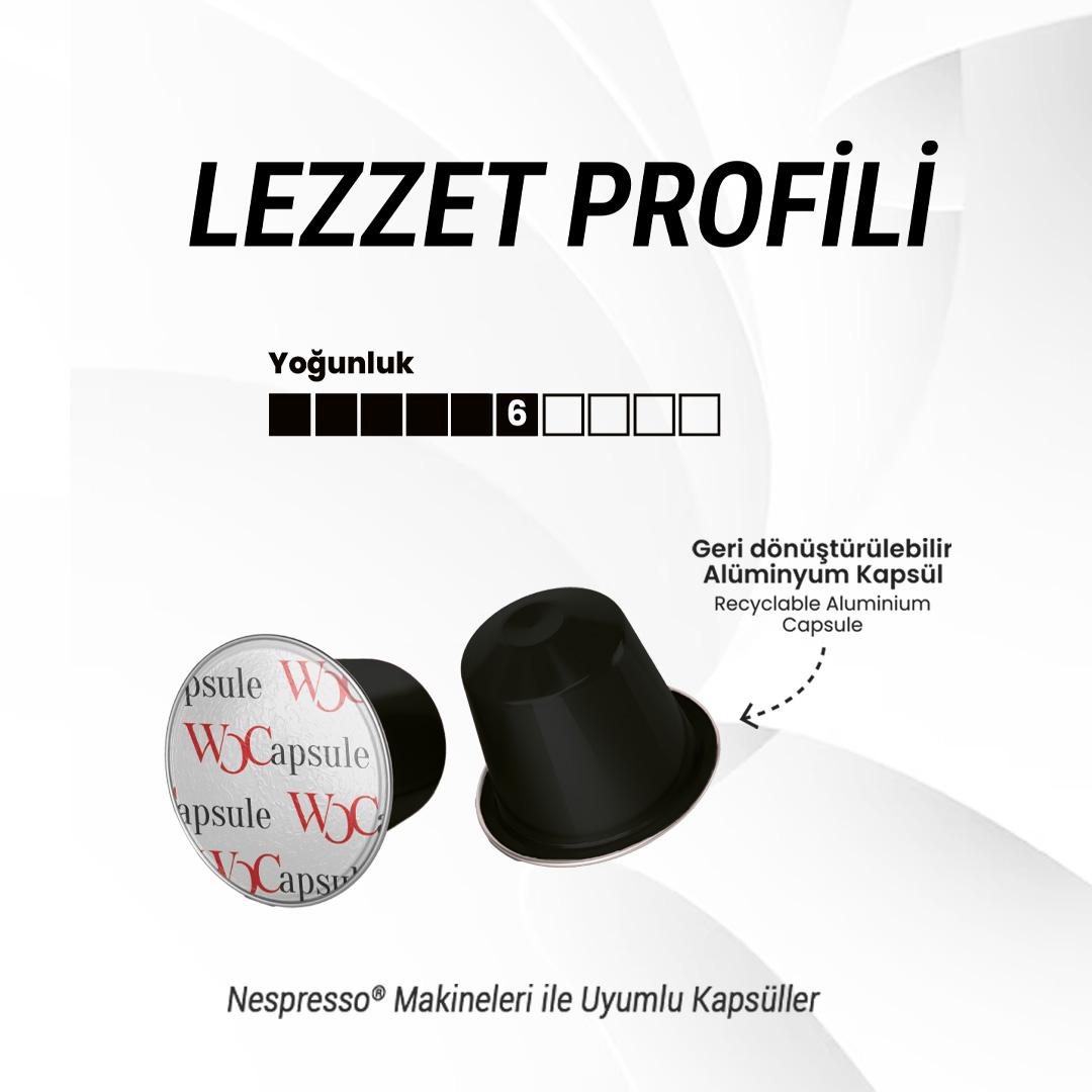 Nespresso kahve kapsülleri, logolu siyah kapsüller ve lezzet profili.
