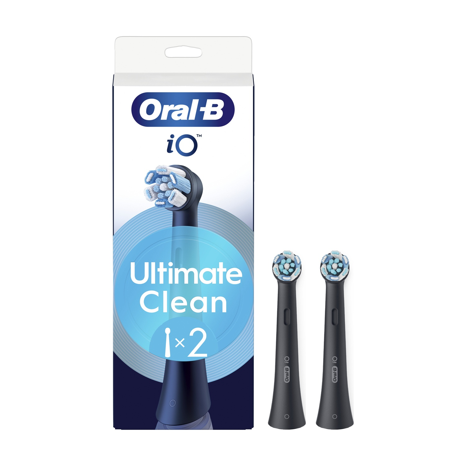 Testine per spazzolino Oral-B iO in una scatola. Due testine di ricambio sono visibili.