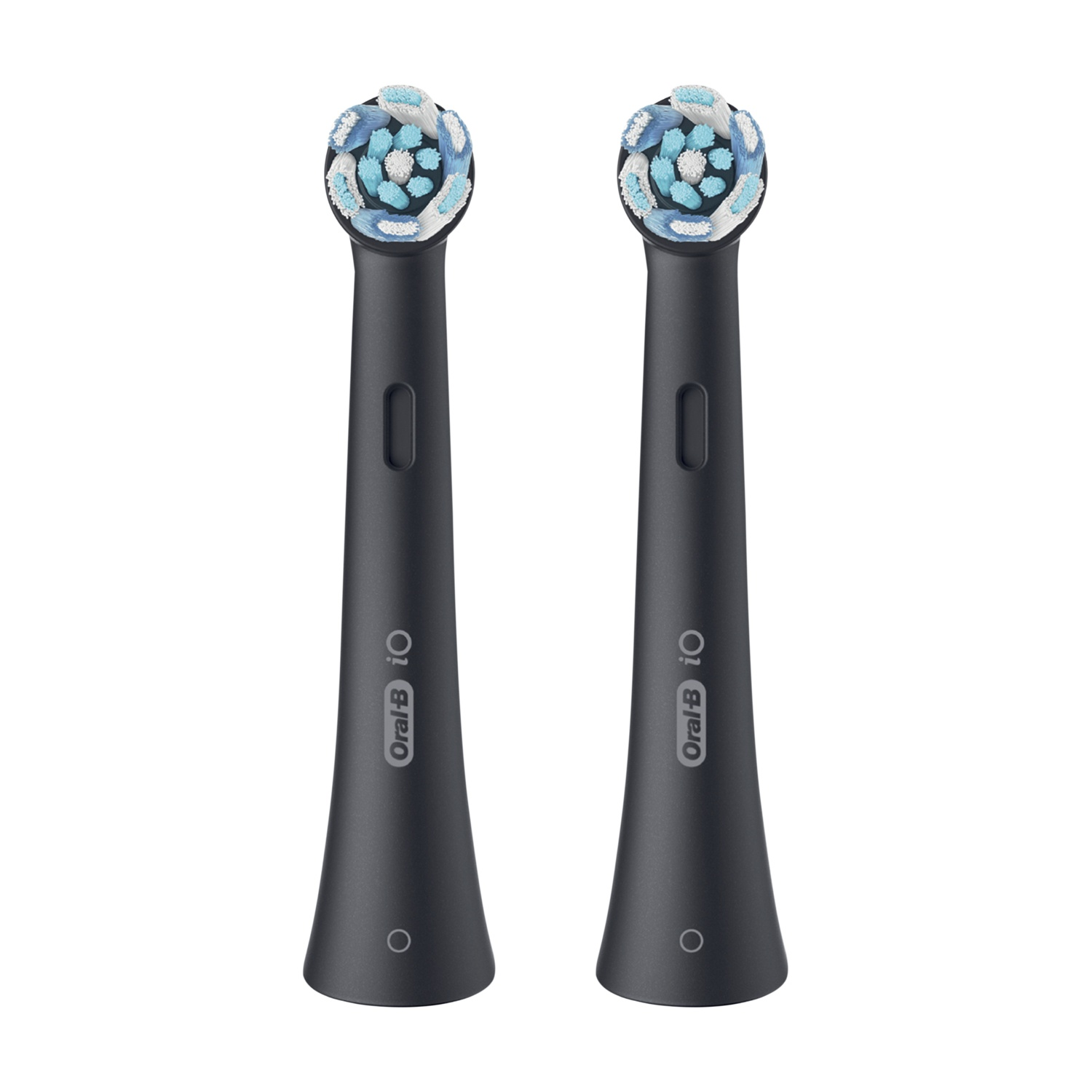 Due testine per spazzolino Oral-B iO nere, con setole blu e bianche.