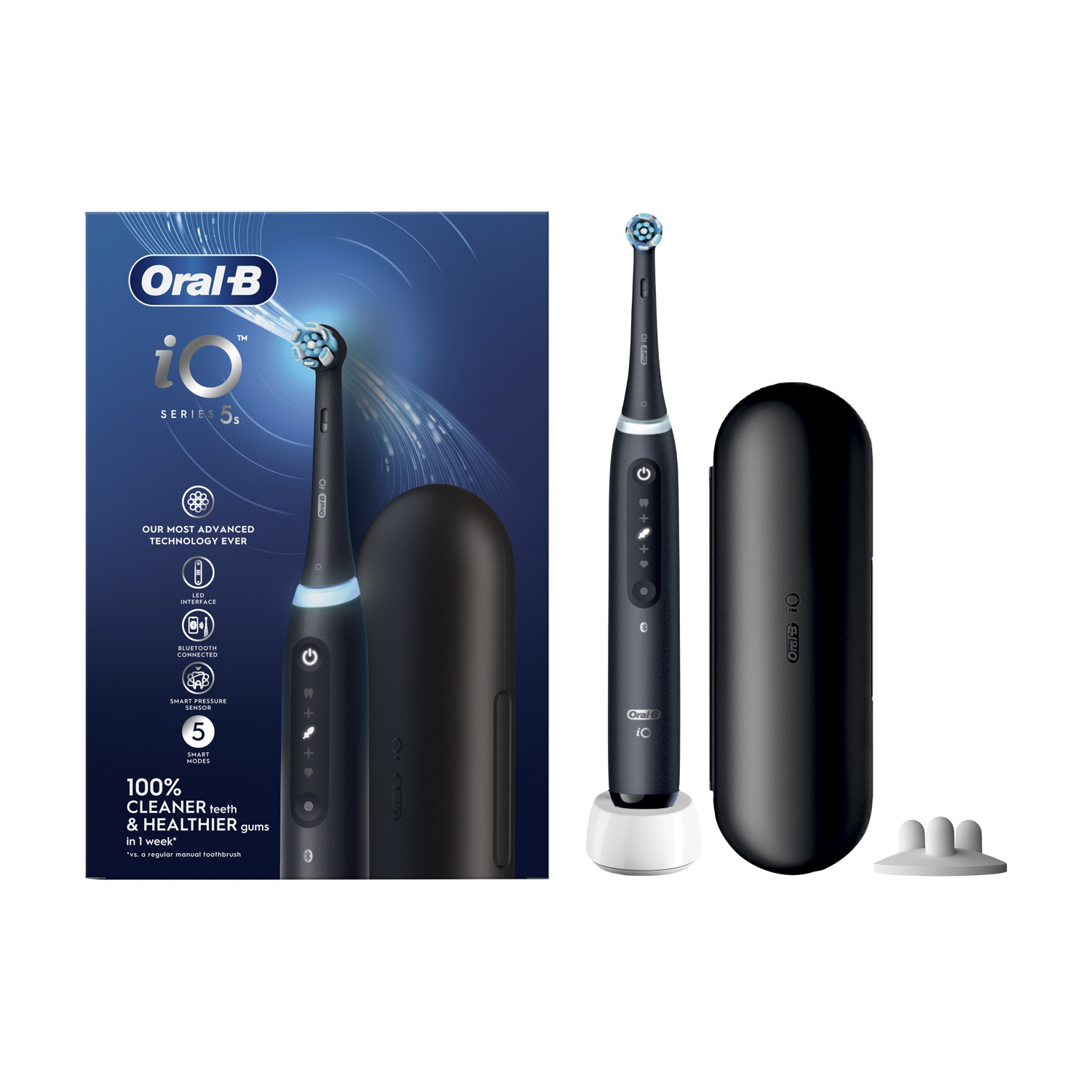 Spazzolino Oral-B iO nero con custodia e supporto, su sfondo bianco.