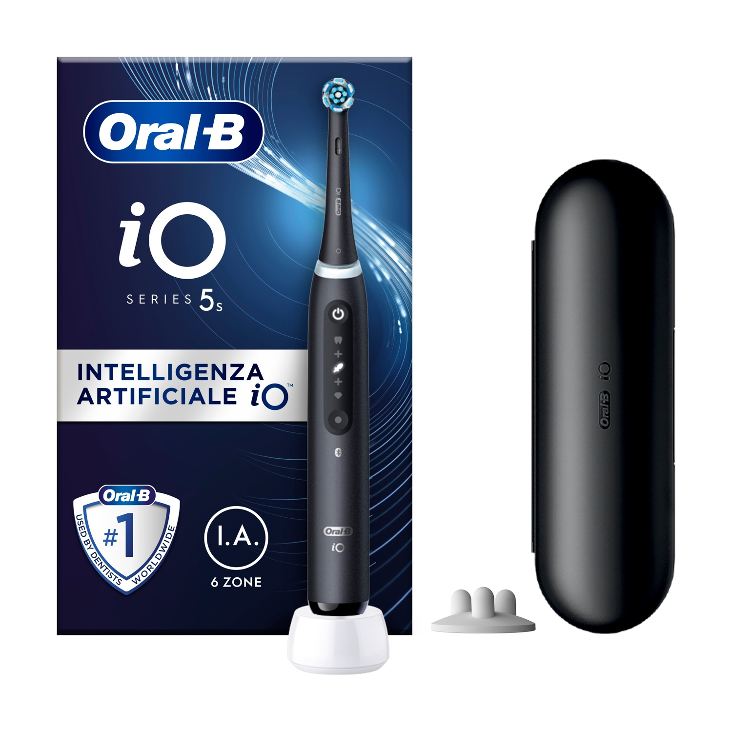 Spazzolino Oral-B iO nero con custodia, supporto e testo, sfondo bianco.