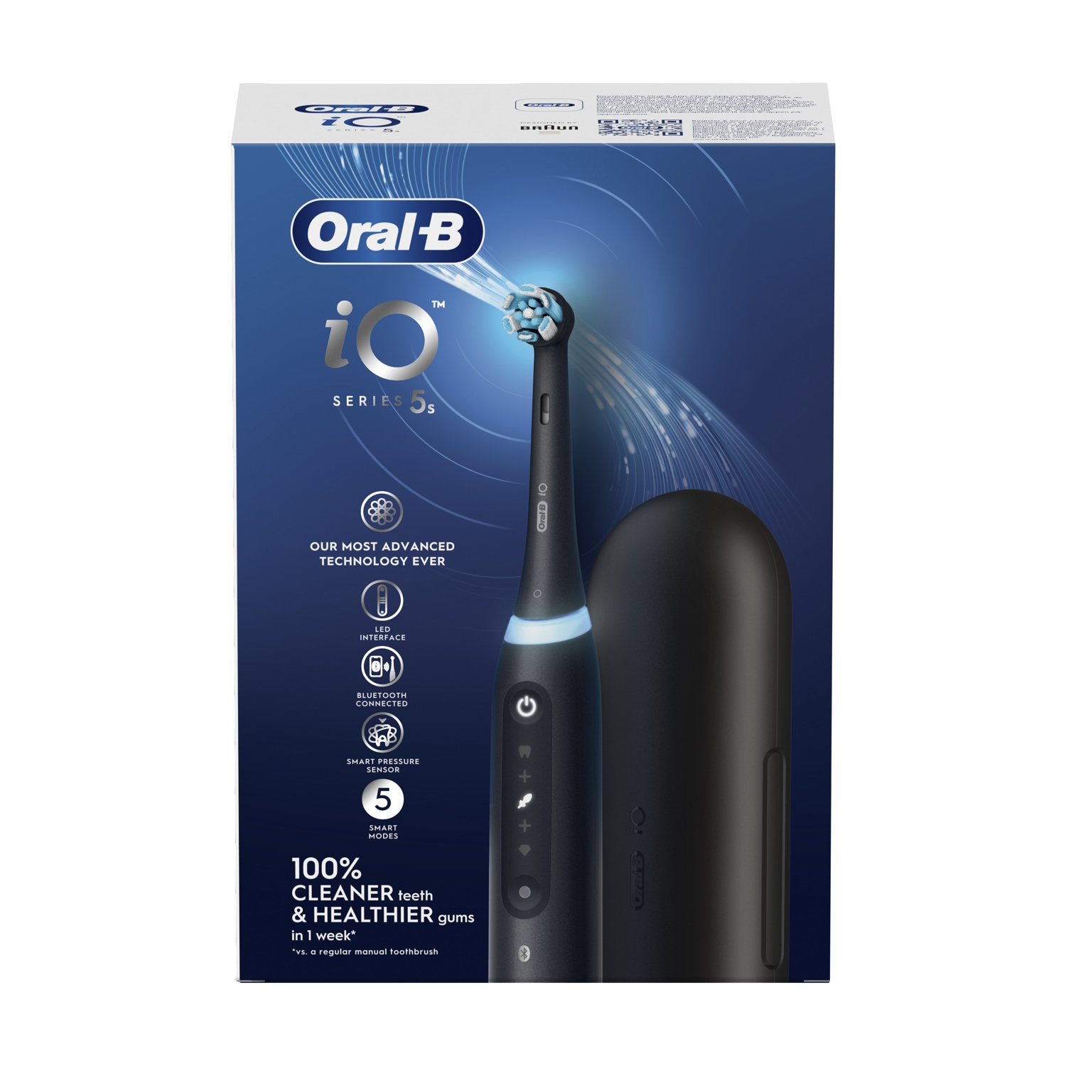 Spazzolino elettrico Oral-B iO Series 5s con custodia, caratteristiche e vantaggi in mostra.