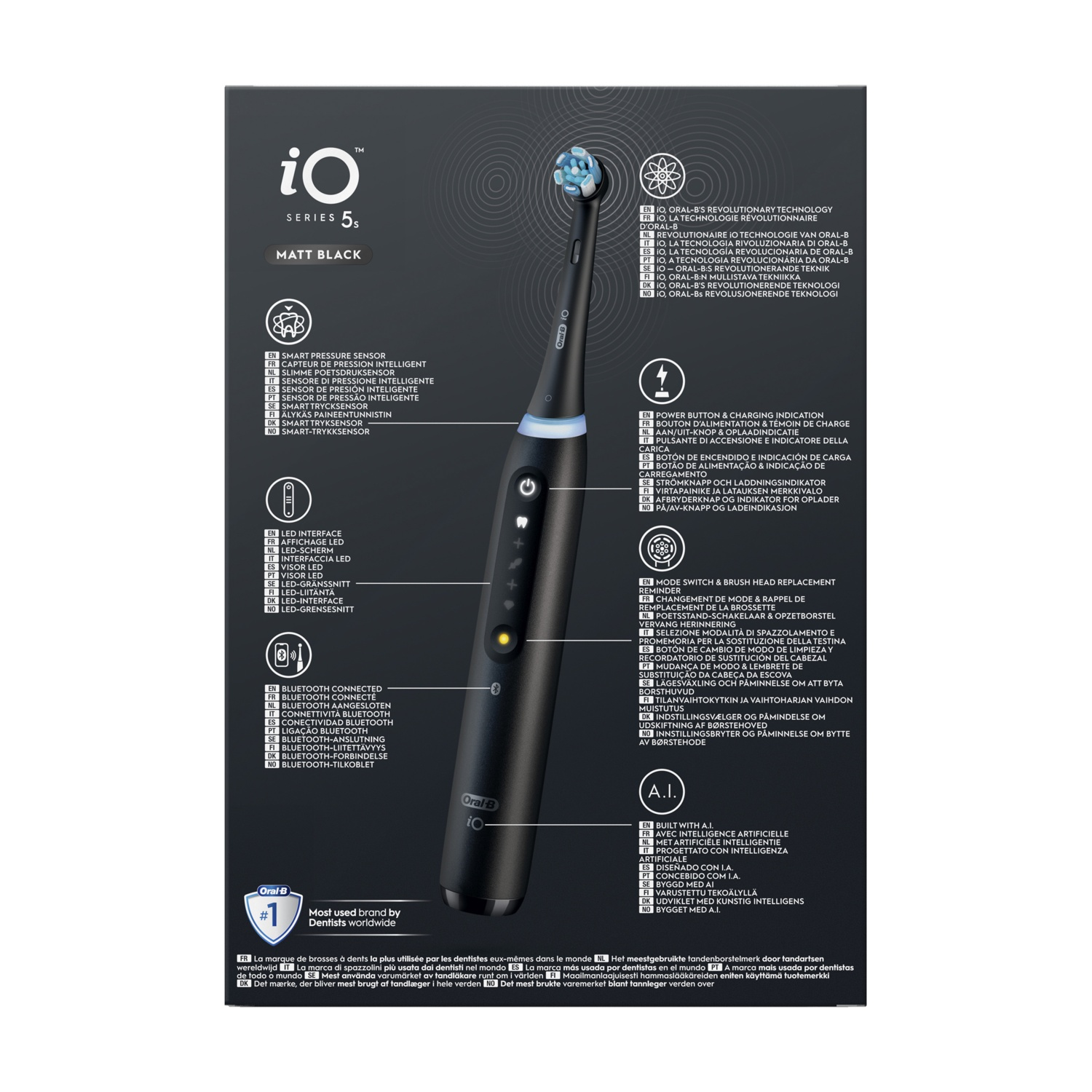 Spazzolino nero Oral-B iO Series 5s, sfondo bianco, con scatola e testo.