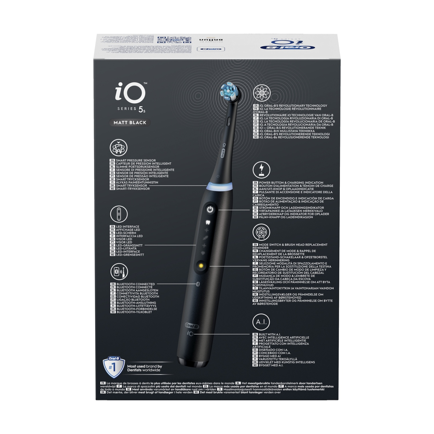 Spazzolino nero Oral-B iO Series 5s, scatola con testo e spazzolino.