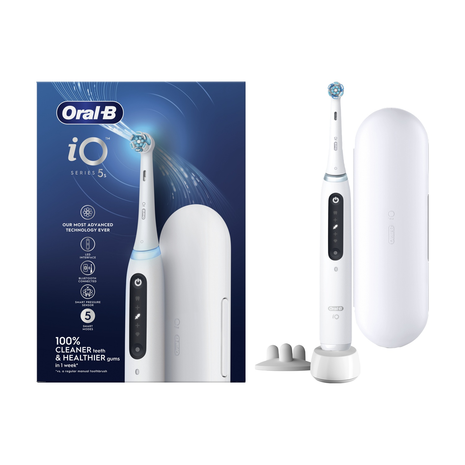 Uno spazzolino Oral-B iO Series 5s e la sua custodia.