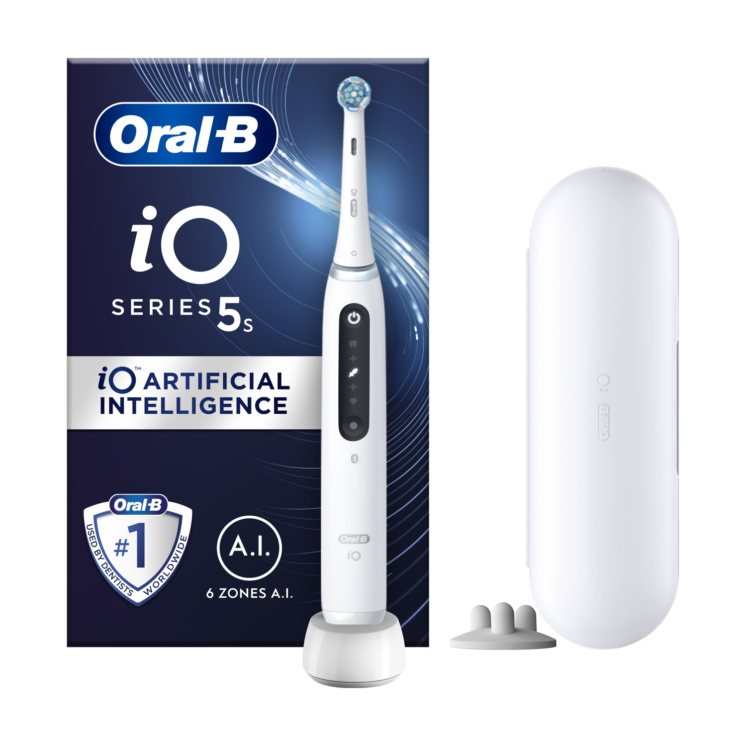 Spazzolino bianco Oral-B iO Series 5s, con custodia e scatola, sfondo bianco.