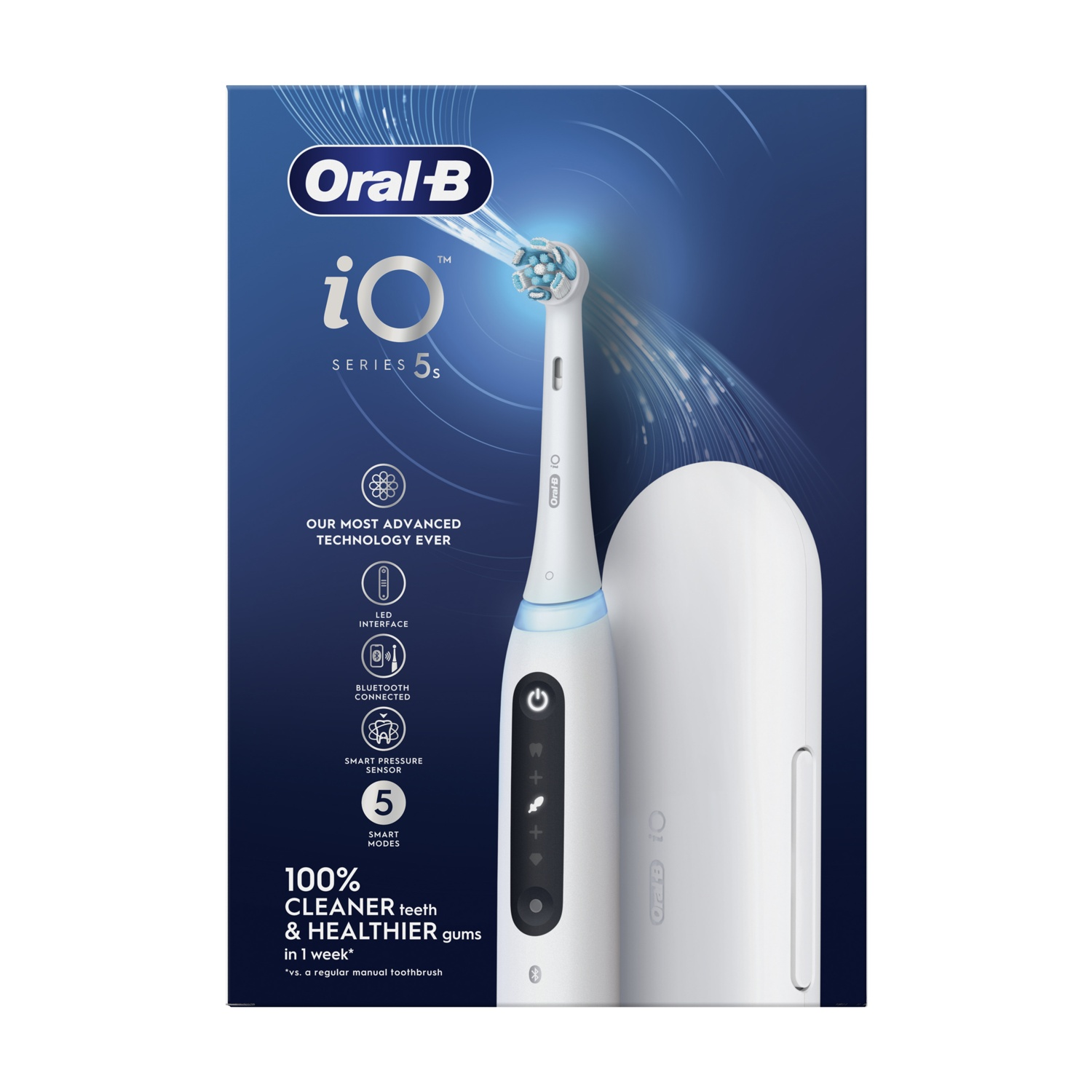 Spazzolino bianco Oral-B iO Series 5s con custodia e scatola, sfondo blu.