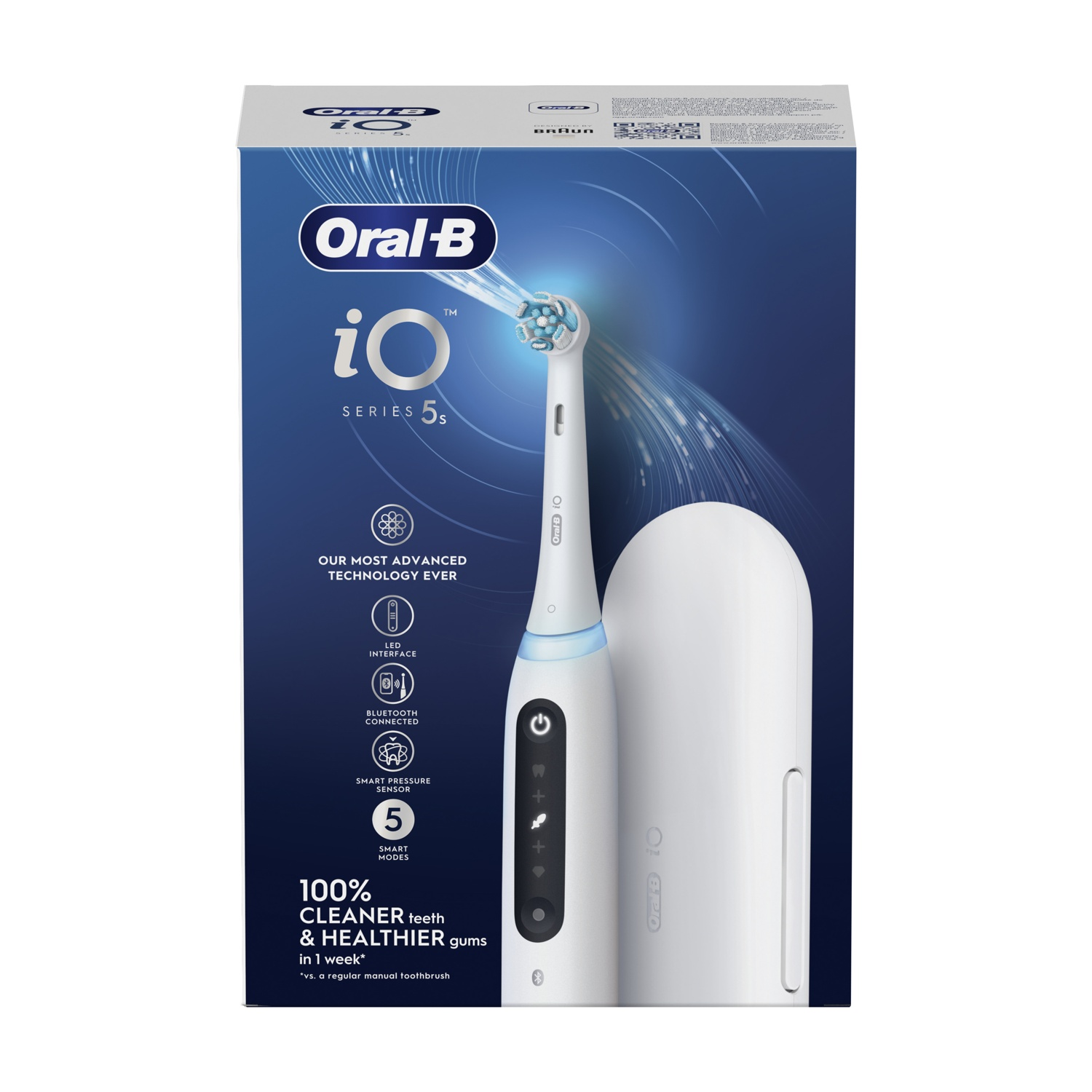 Spazzolino bianco Oral-B iO Series 5s, custodia e scatola su sfondo blu.