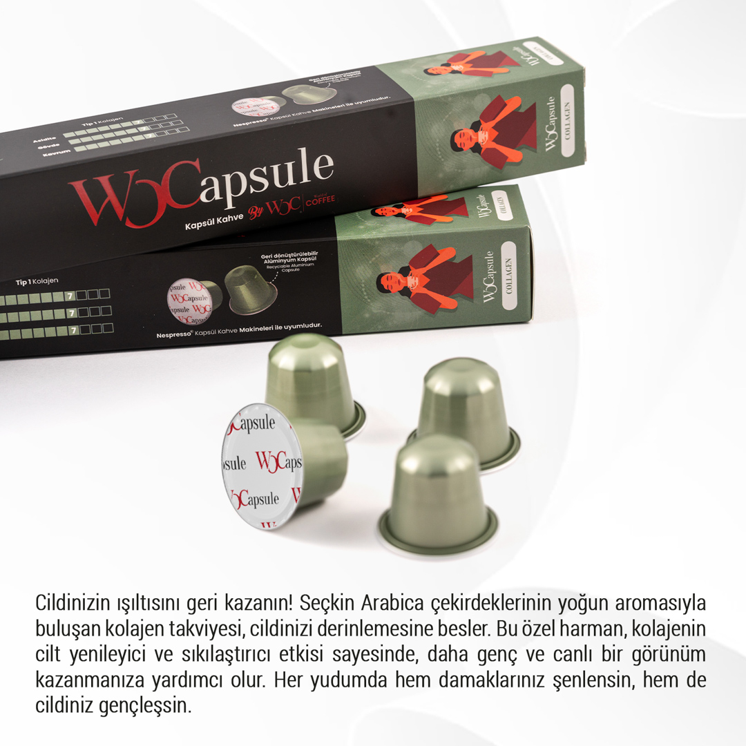 W5Capsule kahve kapsülleri, metin ve ambalaj, yeşil ve gümüş.