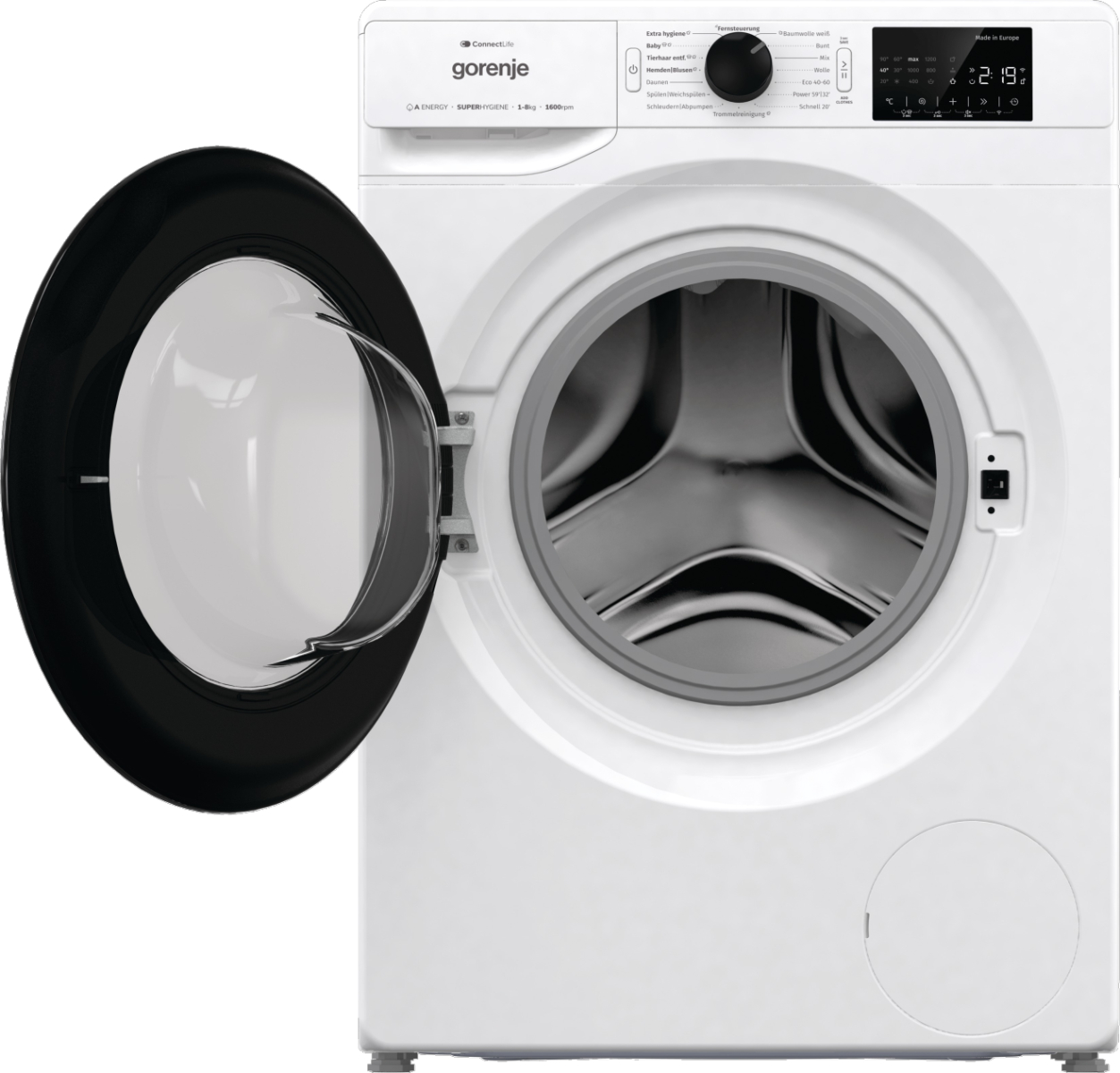 Eine weiße Waschmaschine mit offener Tür, schwarzer Rand.