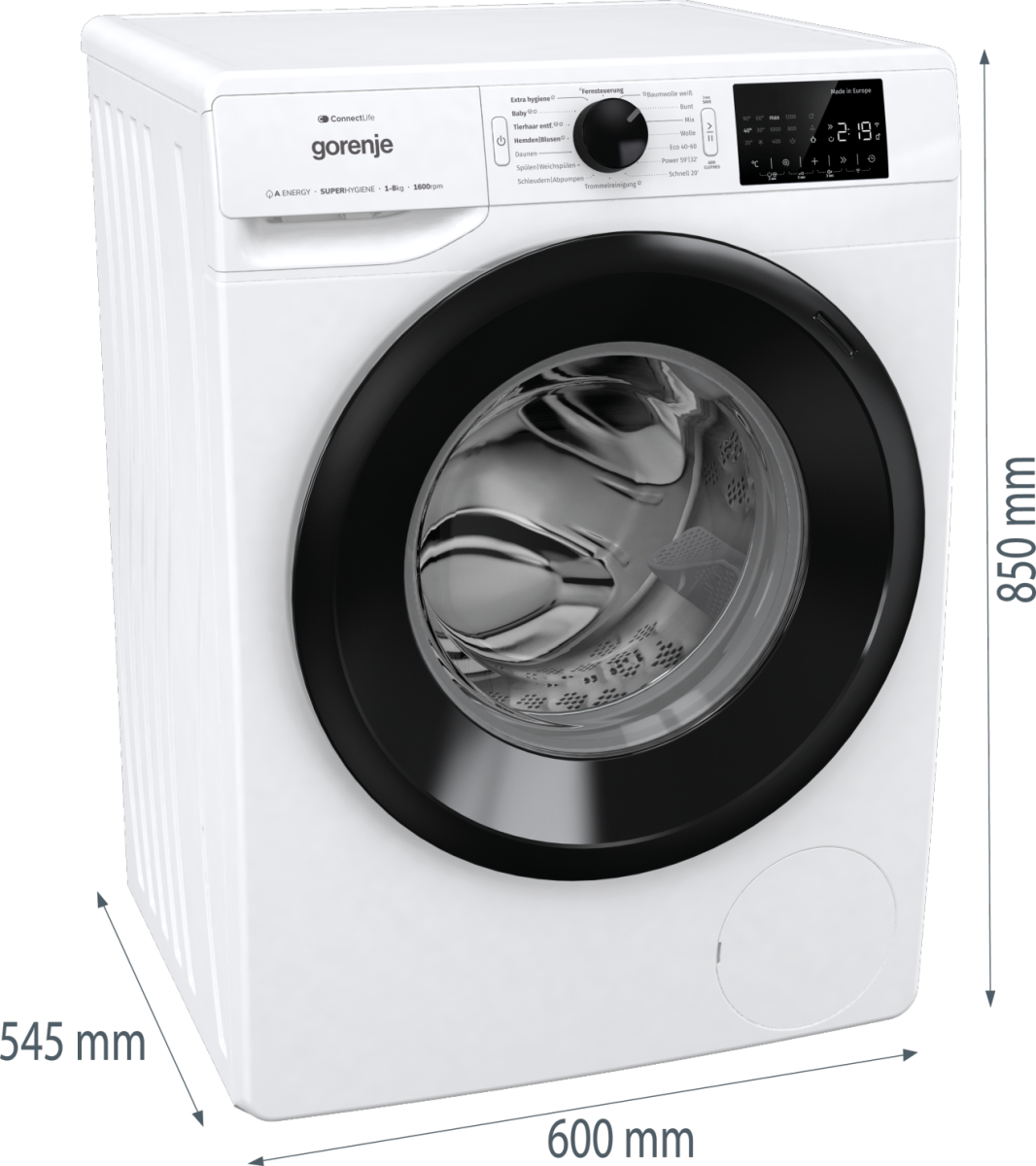 Weiße Waschmaschine mit schwarzer Tür. Abmessungen sind 545x600x850mm.