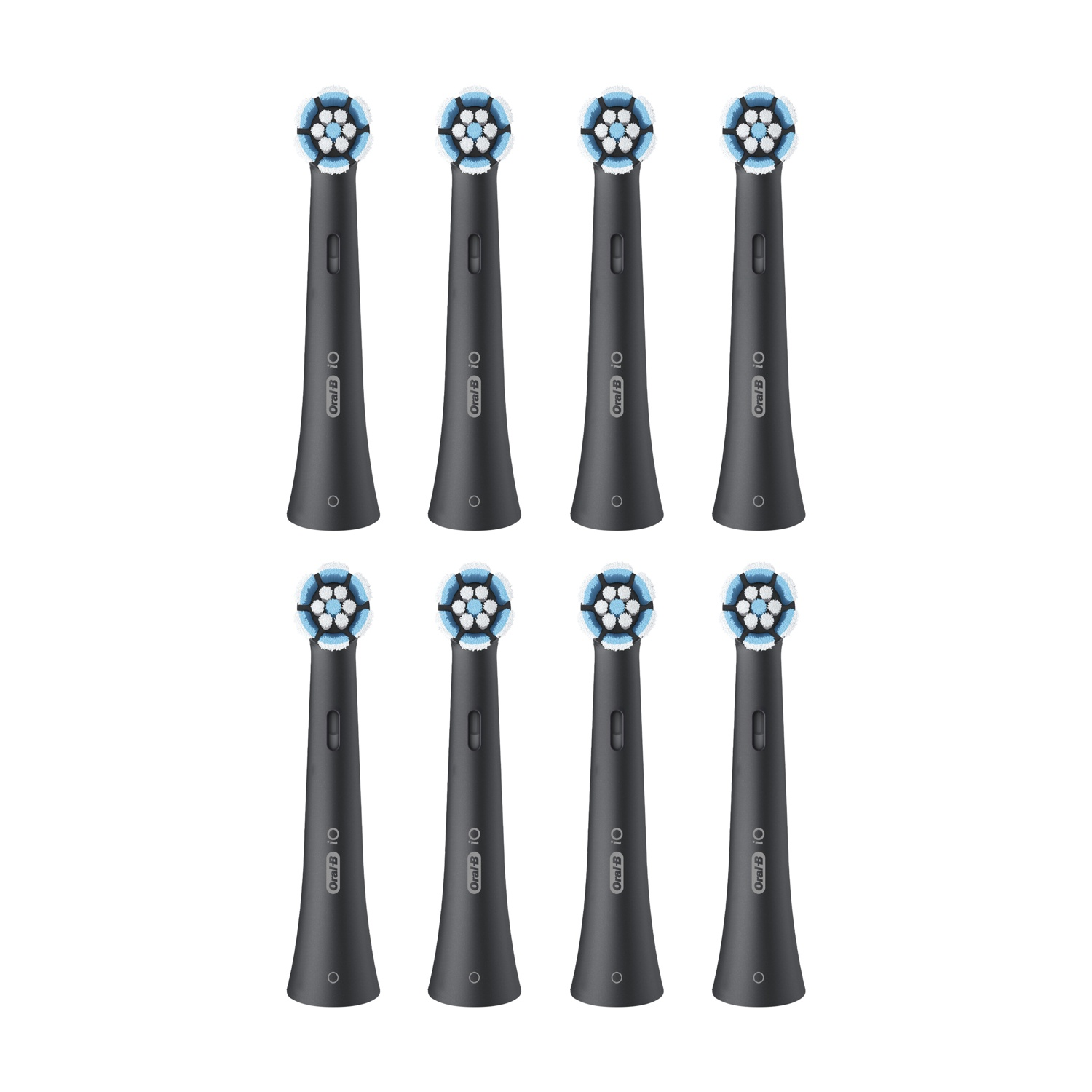 Otto testine per spazzolino Oral-B in bianco e nero.