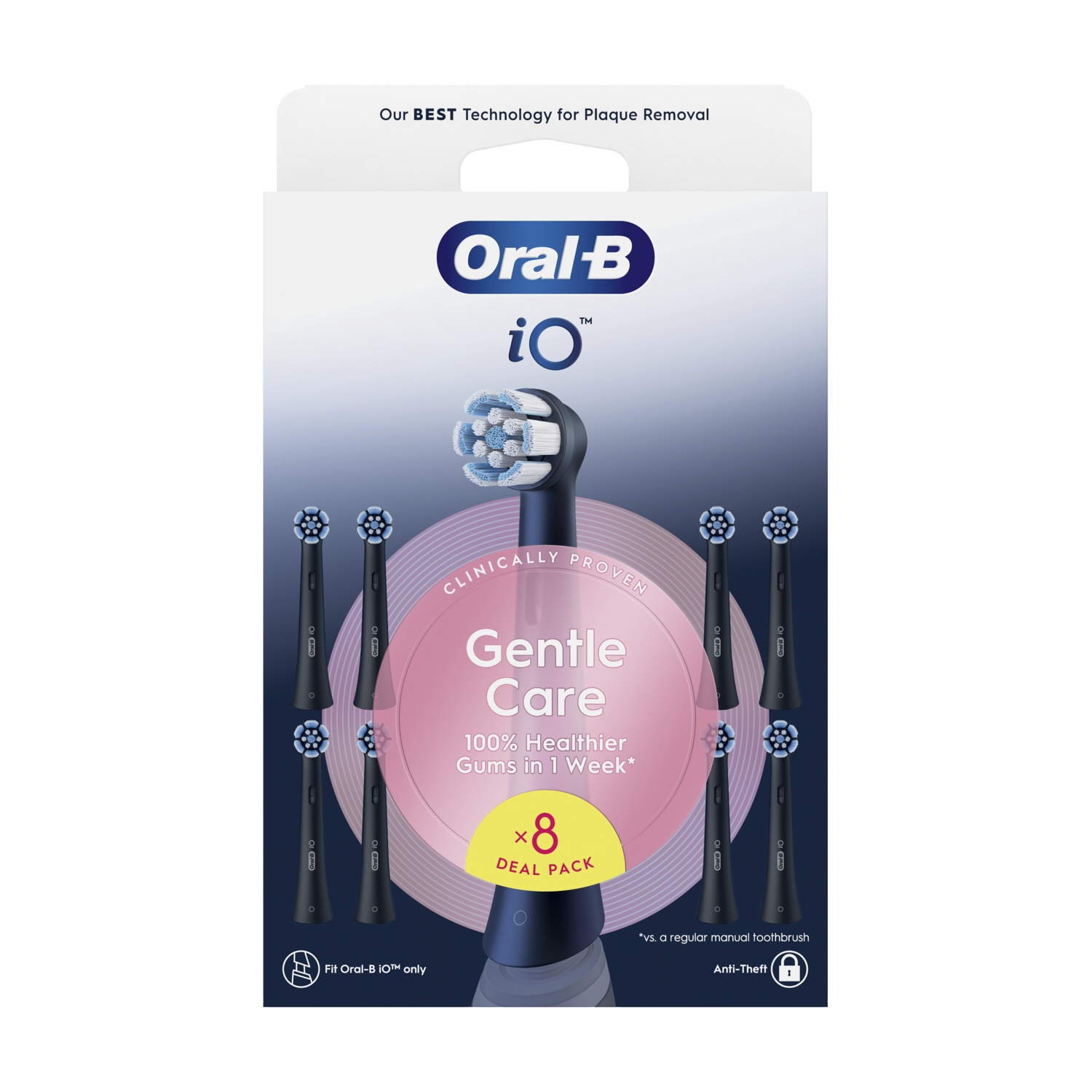 Una confezione di testine per spazzolino Oral-B io con testo e un'etichetta del pacchetto offerta. Sfondo bianco.