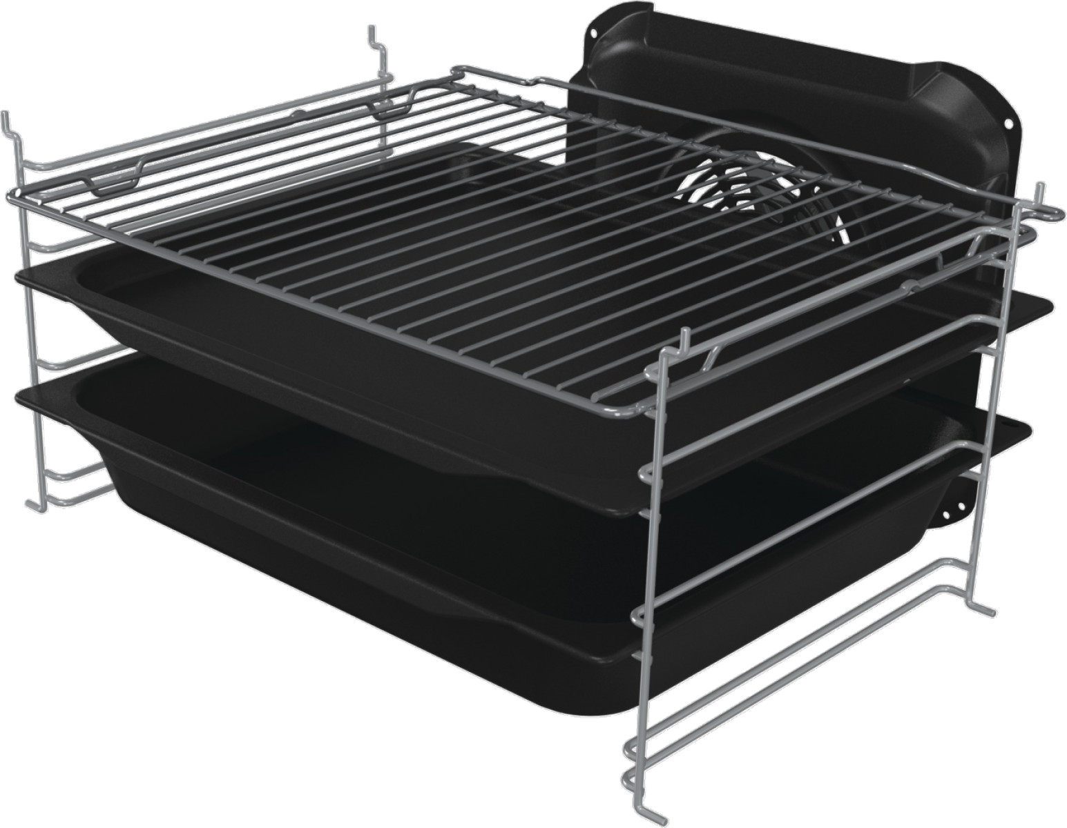 Trzy czarne tace do pieczenia na metalowym stojaku, na białym tle.