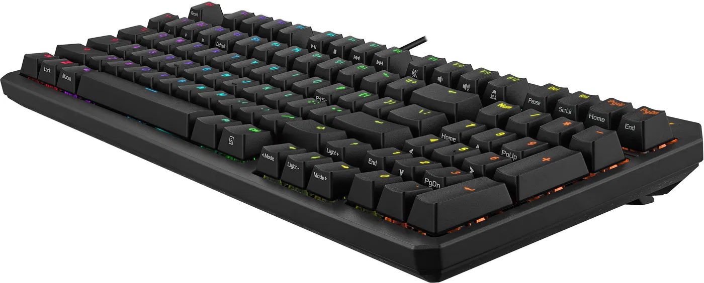 Egy fekete mechanikus billentyűzet színes háttérvilágítású gombokkal. Média és funkciógombok.