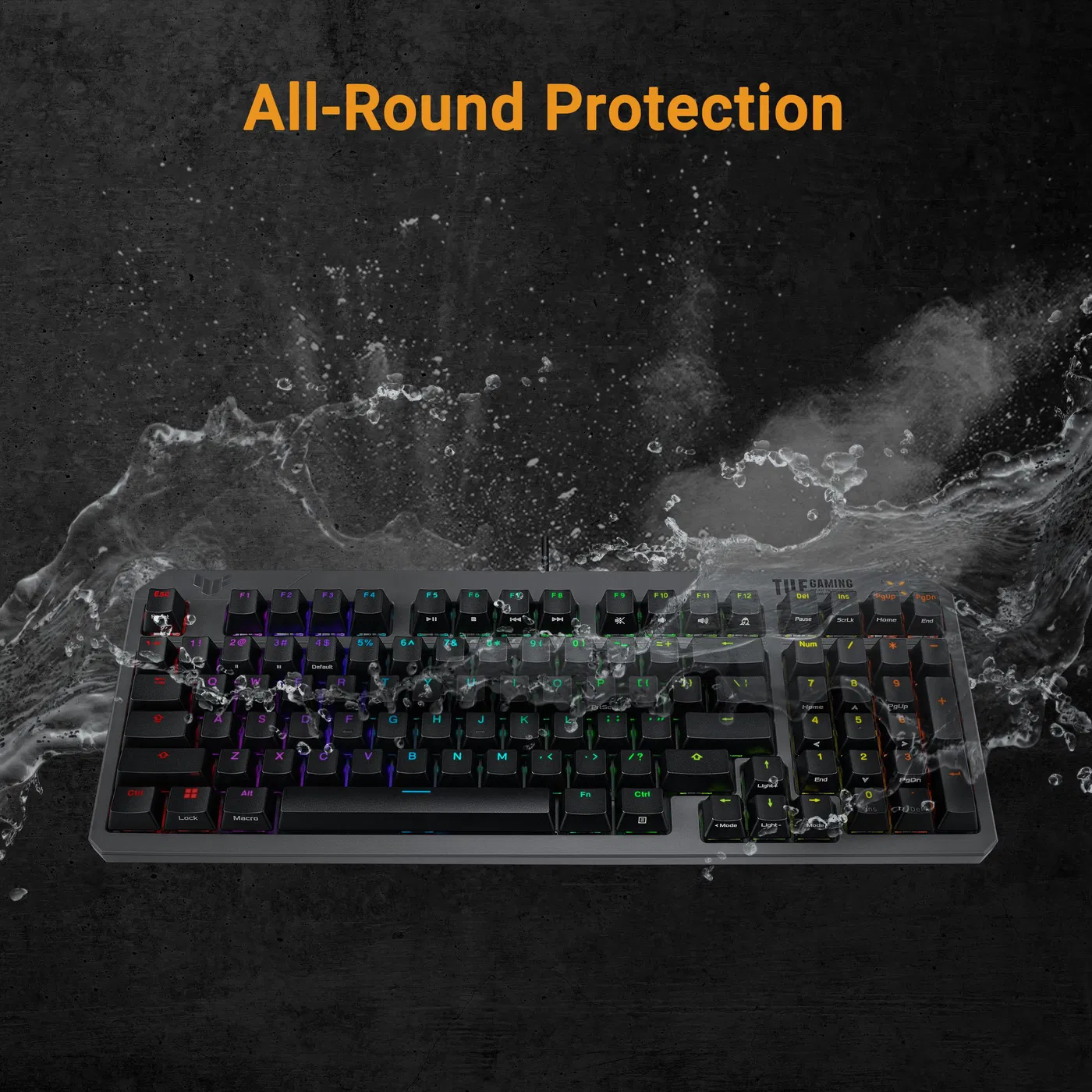 Gamer billentyűzet vízfröccsenéssel. Felette All-Round Protection felirat.
