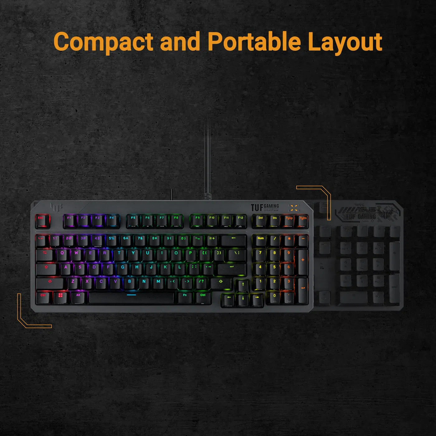 Gamer billentyűzet kompakt elrendezéssel. Felette Compact and Portable Layout felirat.