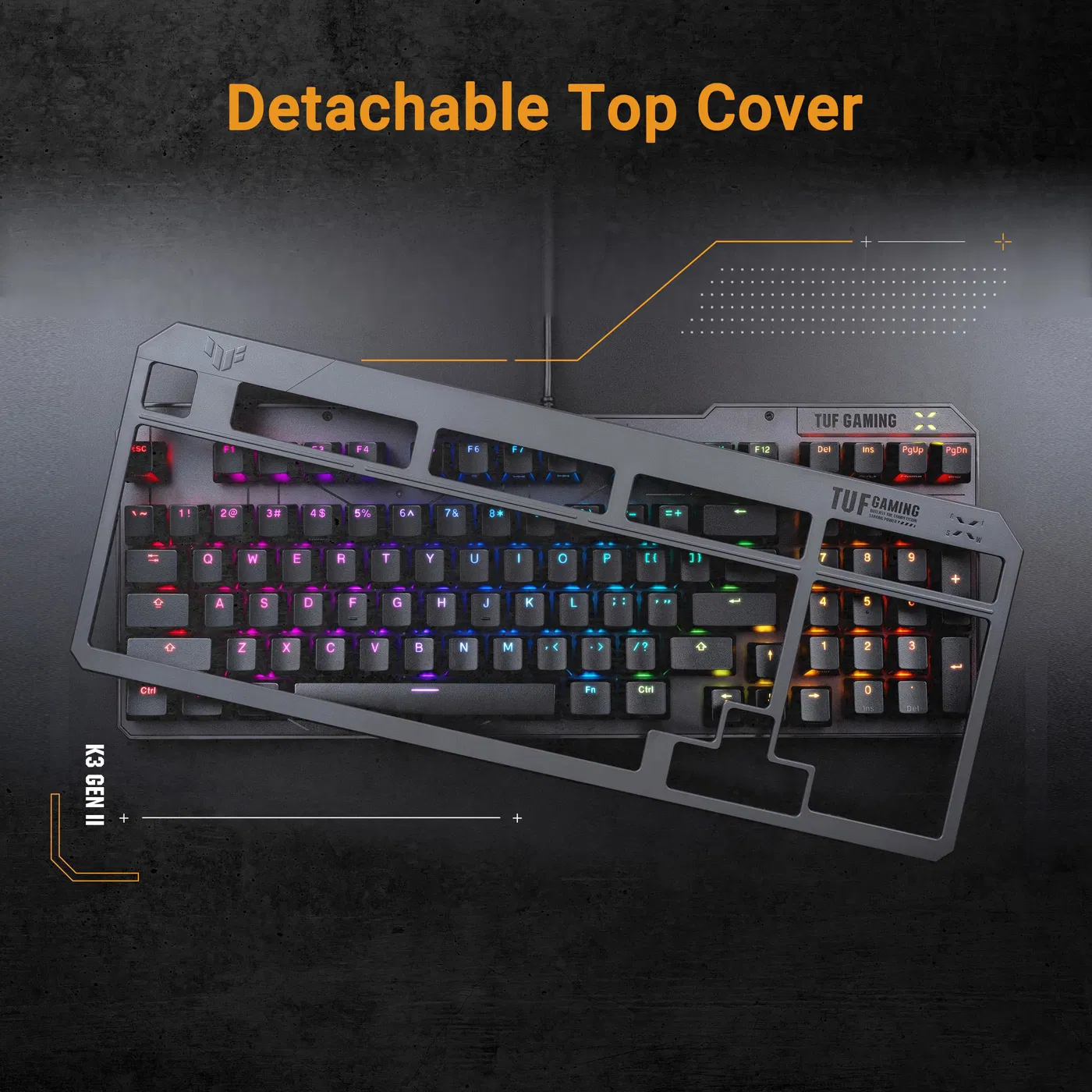 Gamer billentyűzet levehető felső fedéllel. Felette Detachable Top Cover felirat.