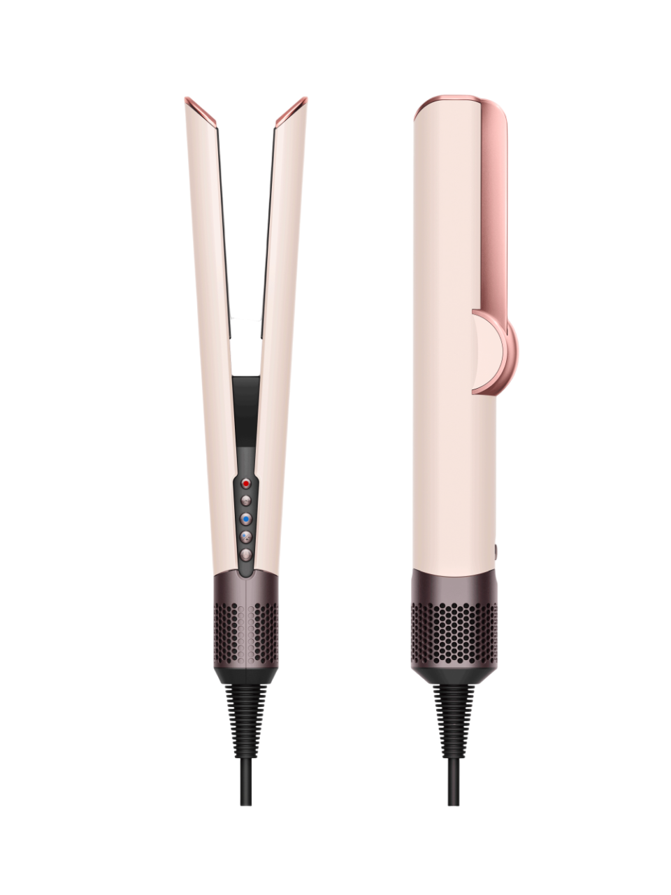 Zwei Ansichten eines rosa-weißen Haarglätters. Eine zeigt die geöffneten Platten, die andere den geschlossenen Griff.