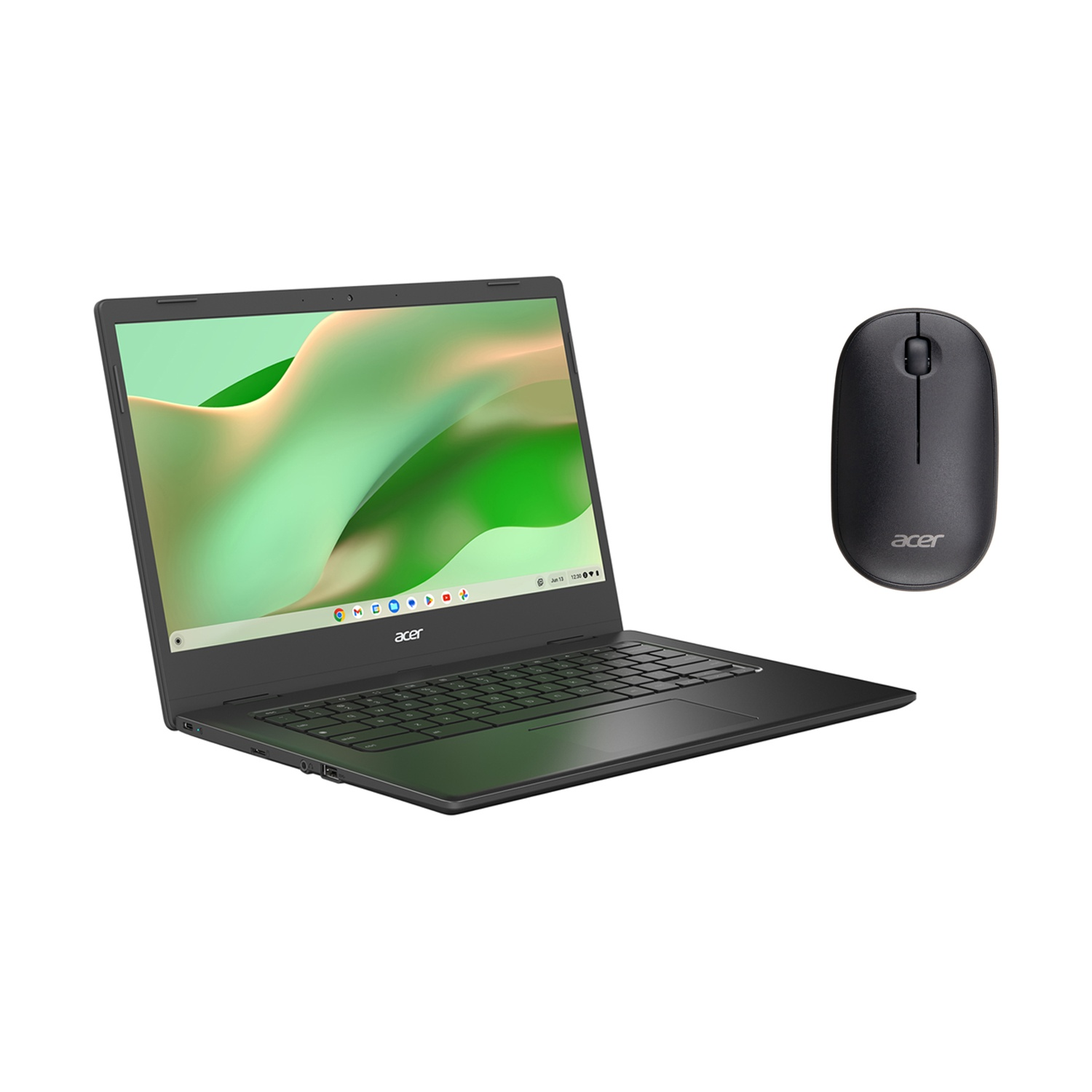 Un laptop Acer nero e un mouse nero su sfondo bianco.
