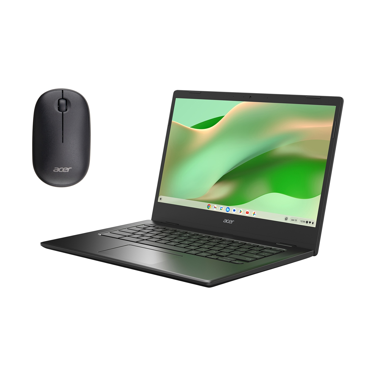 Laptop e mouse su sfondo bianco. Laptop aperto, nero, accanto a un mouse nero.