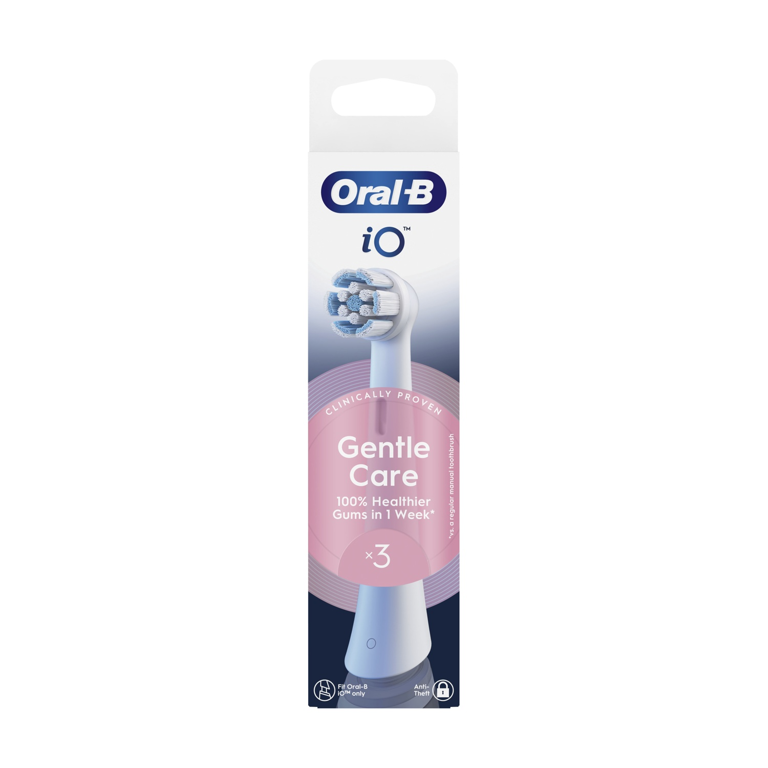 Testina dello spazzolino in confezione rosa e bianca. Testo: Gentle Care.