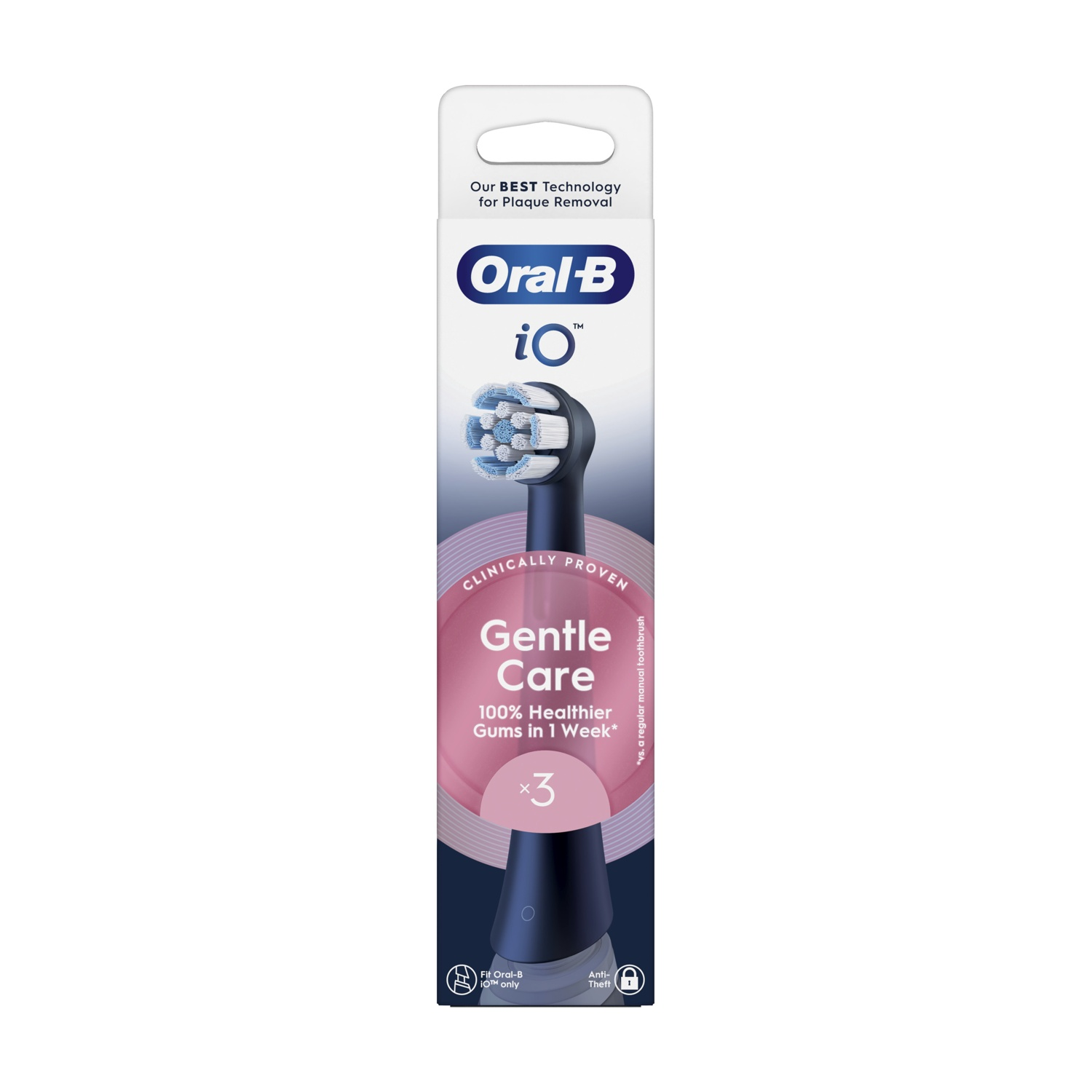 Testina dello spazzolino nera in confezione bianca e nera. Testo: Gentle Care.