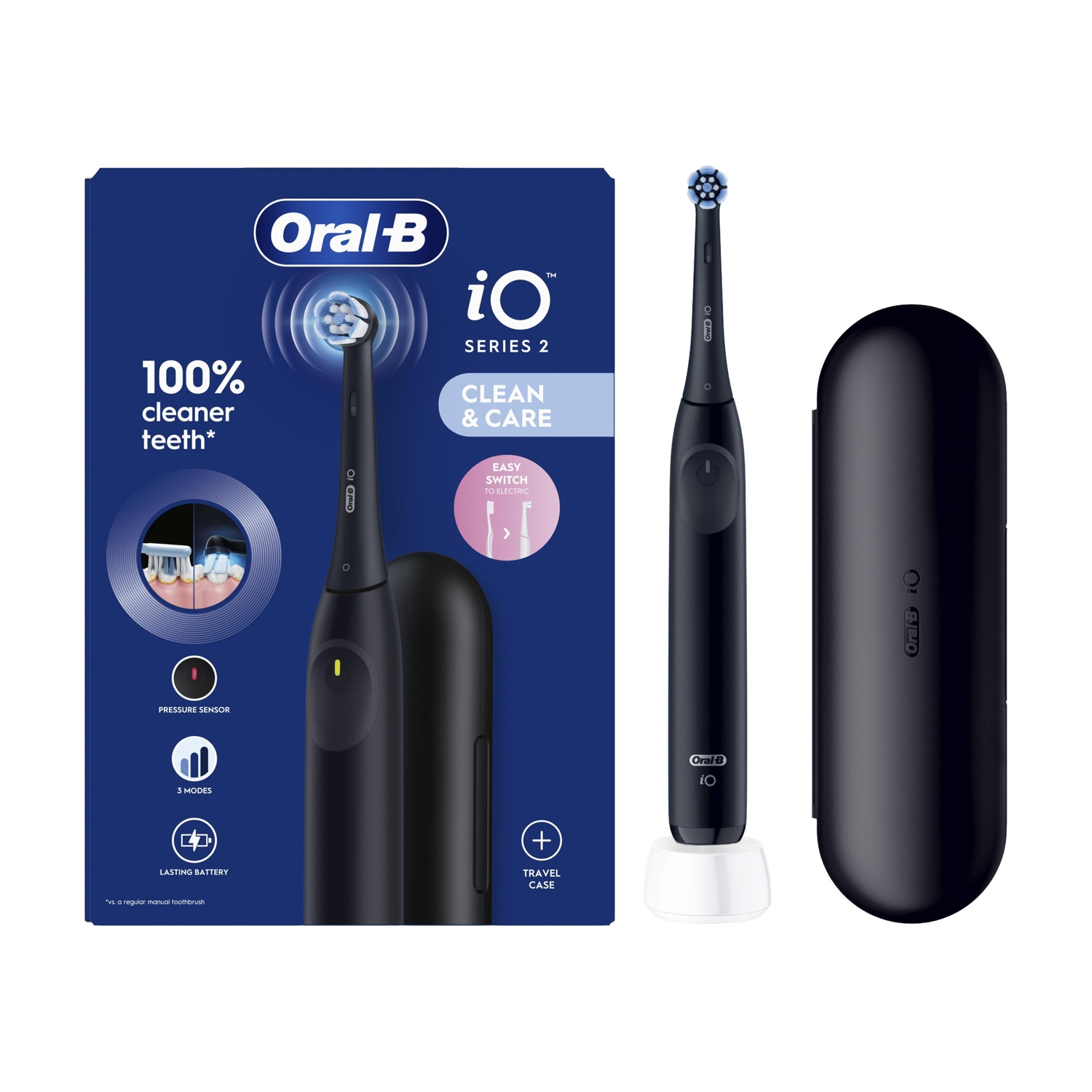 Spazzolino elettrico Oral-B iO Series 2, nero con custodia di ricarica e da viaggio.