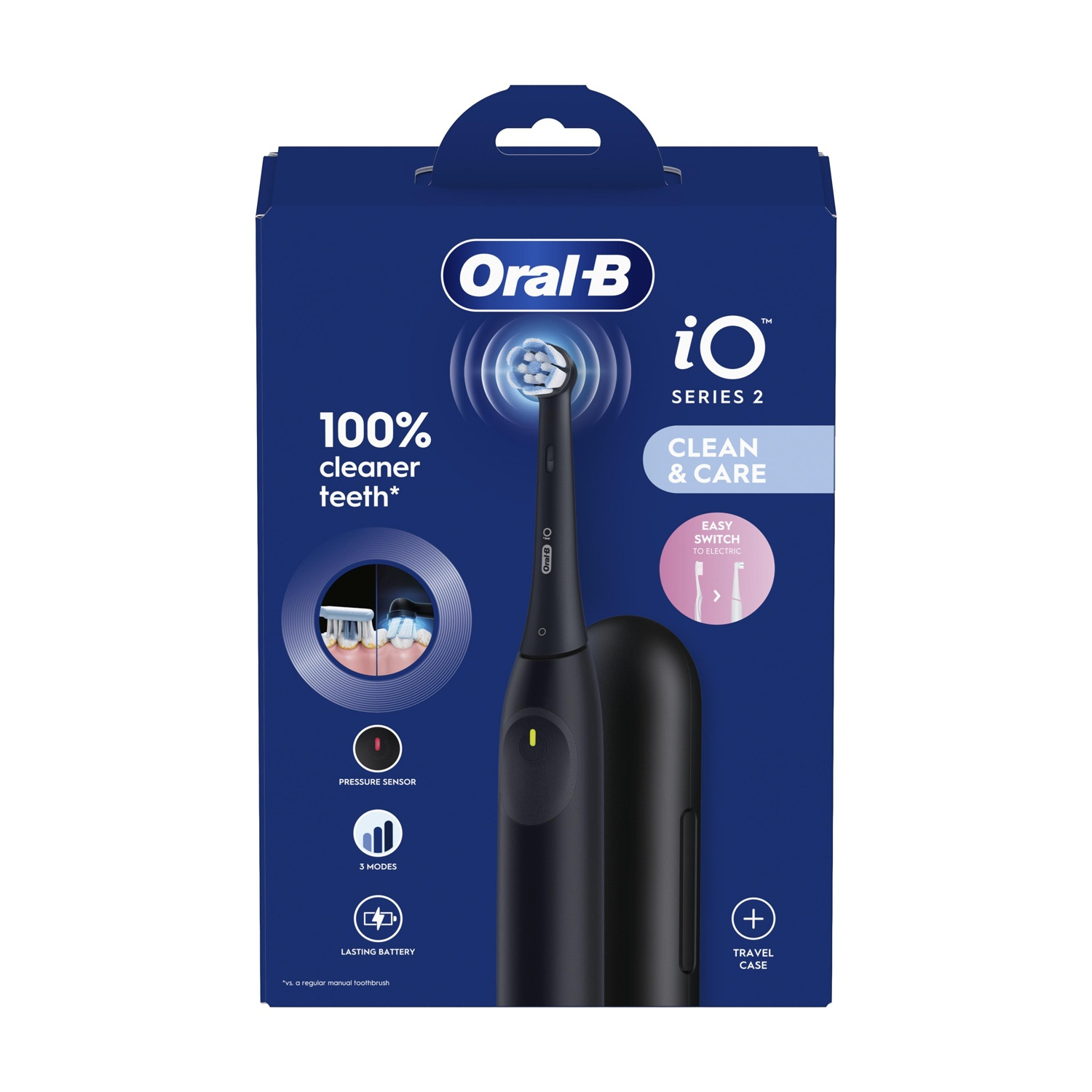Uno spazzolino elettrico Oral-B nero nella sua confezione. La confezione mostra le caratteristiche.
