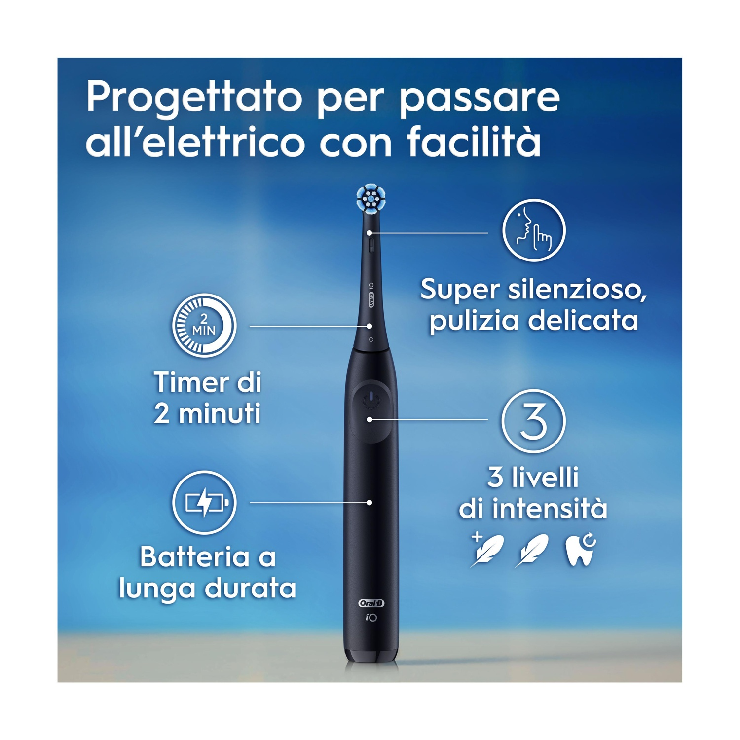 Spazzolino elettrico nero con testo: timer 2 min, batteria a lunga durata, 3 livelli di intensità.