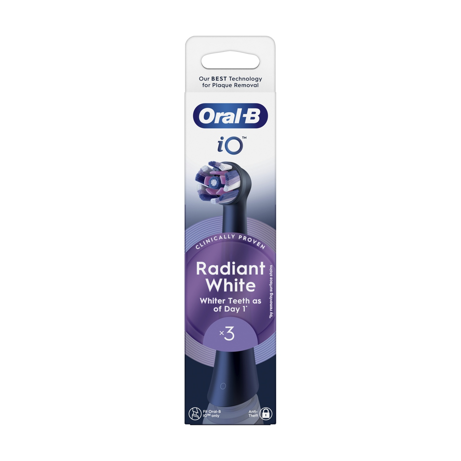 Confezione testina spazzolino Oral-B iO, bianca, con testo bianco radiante.