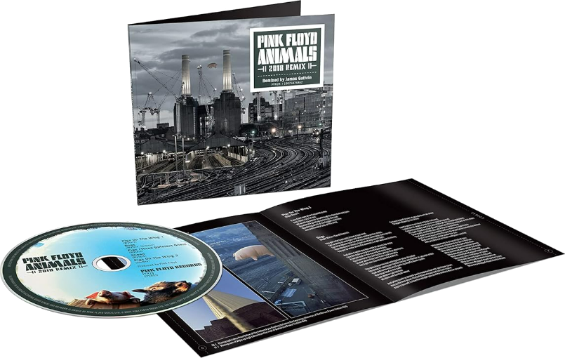 Pink Floyd Animals Album-Paket, mit CD, Booklet und Cover-Art einer Fabrik und Schweinen.