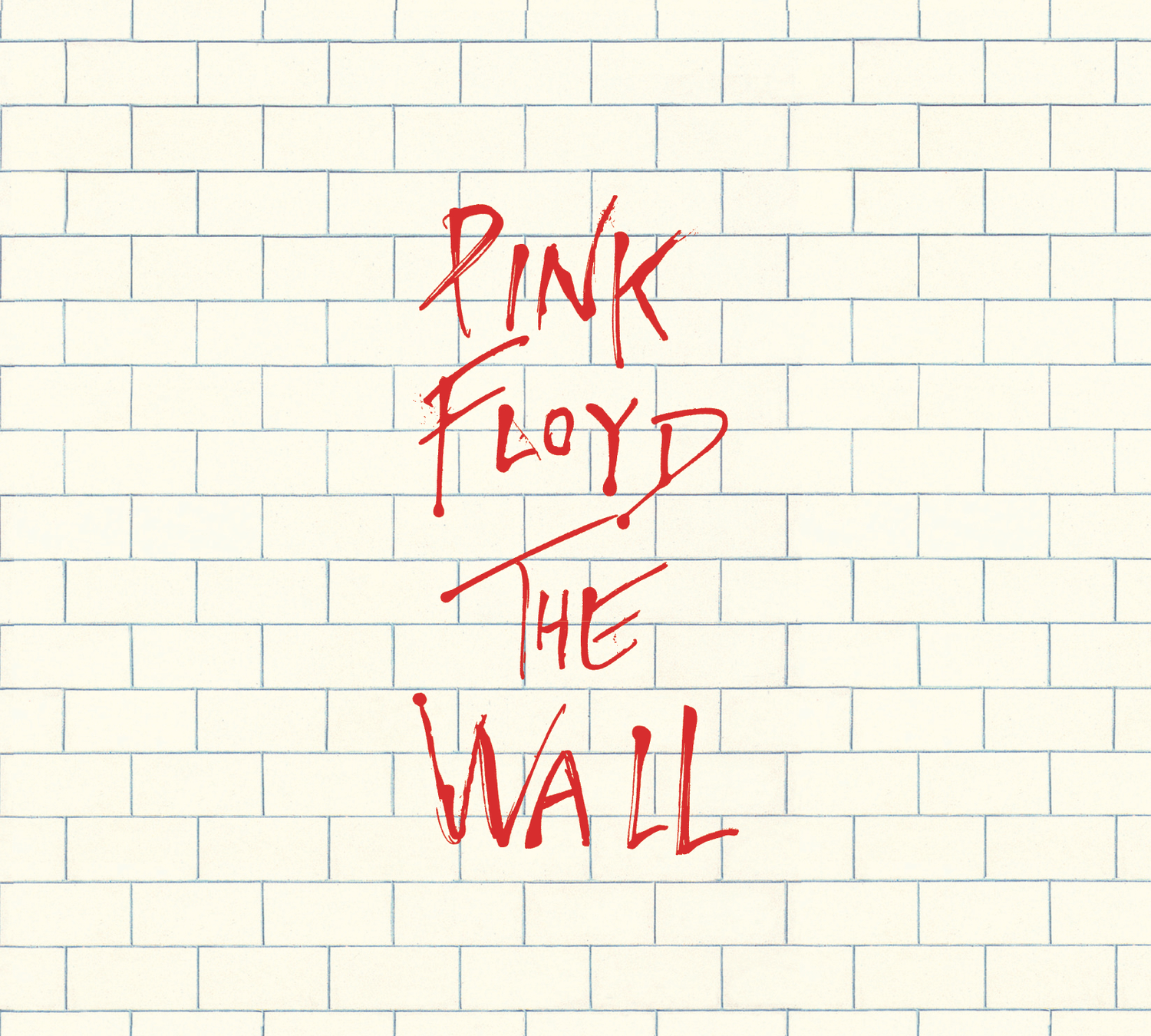 Pink Floyds 'The Wall' Albumcover, weißer Ziegelhintergrund mit rotem Text.