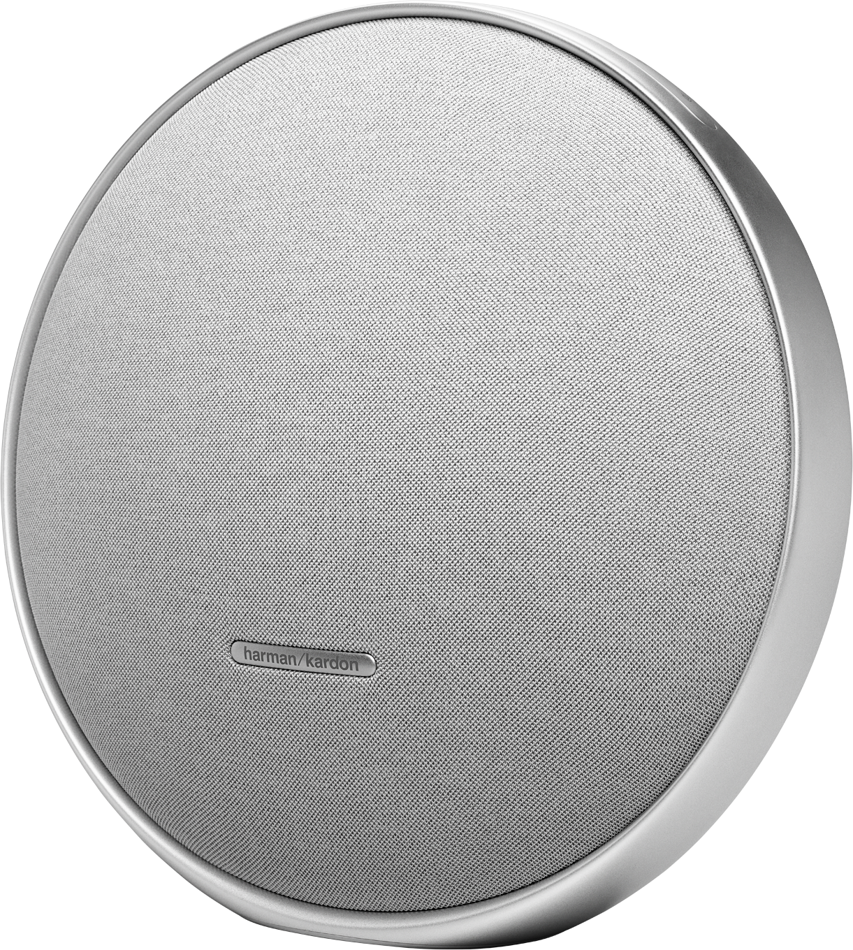 Ezüst kerek hangszóró hálós előlappal, Harman Kardon logóval és ezüst szegéllyel. Fekete háttér.